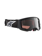 Alpinestars Supertech Corp Goggles Absolute Vision, Motocross Goggles, Black and Grey frame with Mirror Silver lens, wide black strap featuring white and grey Astars logo, performance eyewear for off-road racing.