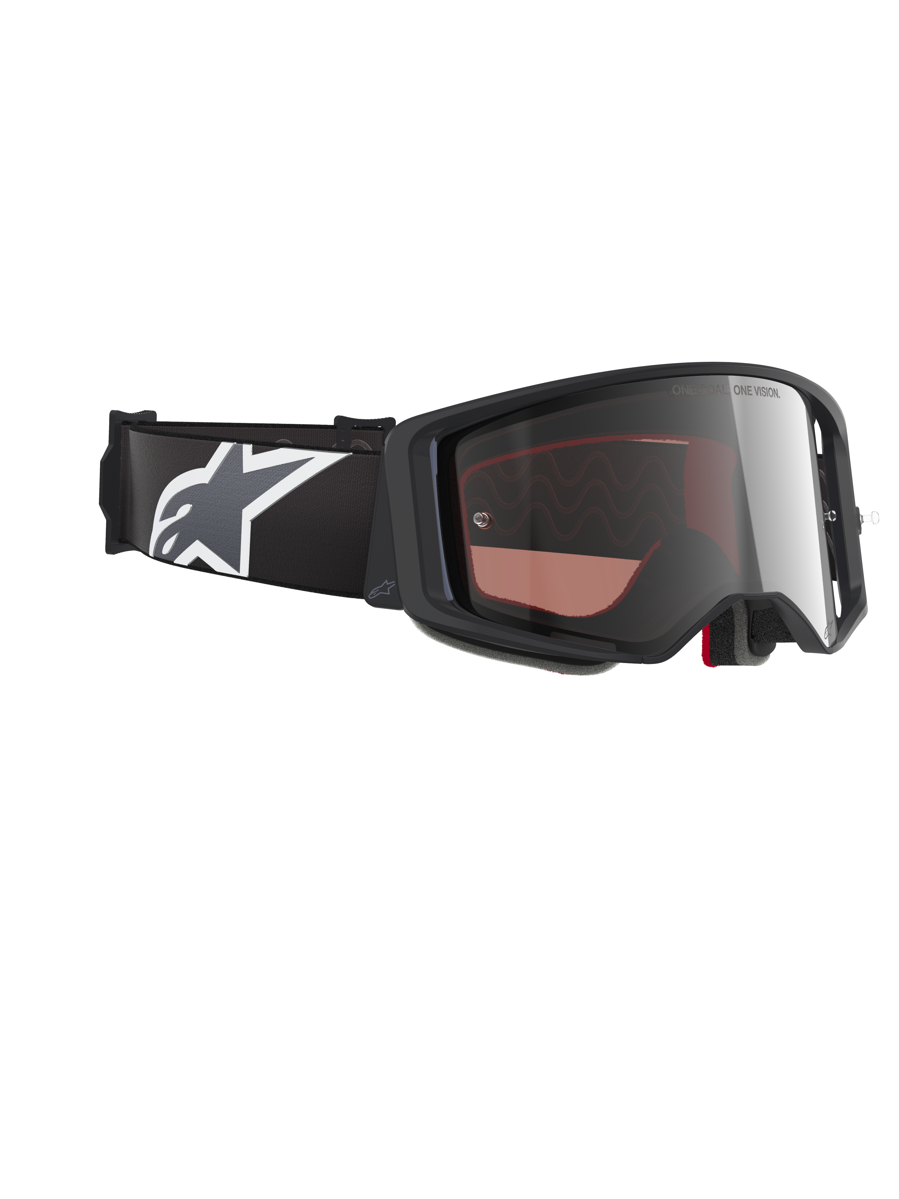 Alpinestars Supertech Corp Goggles Absolute Vision, Motocross Goggles, Black and Grey frame with Mirror Silver lens, wide black strap featuring white and grey Astars logo, performance eyewear for off-road racing.