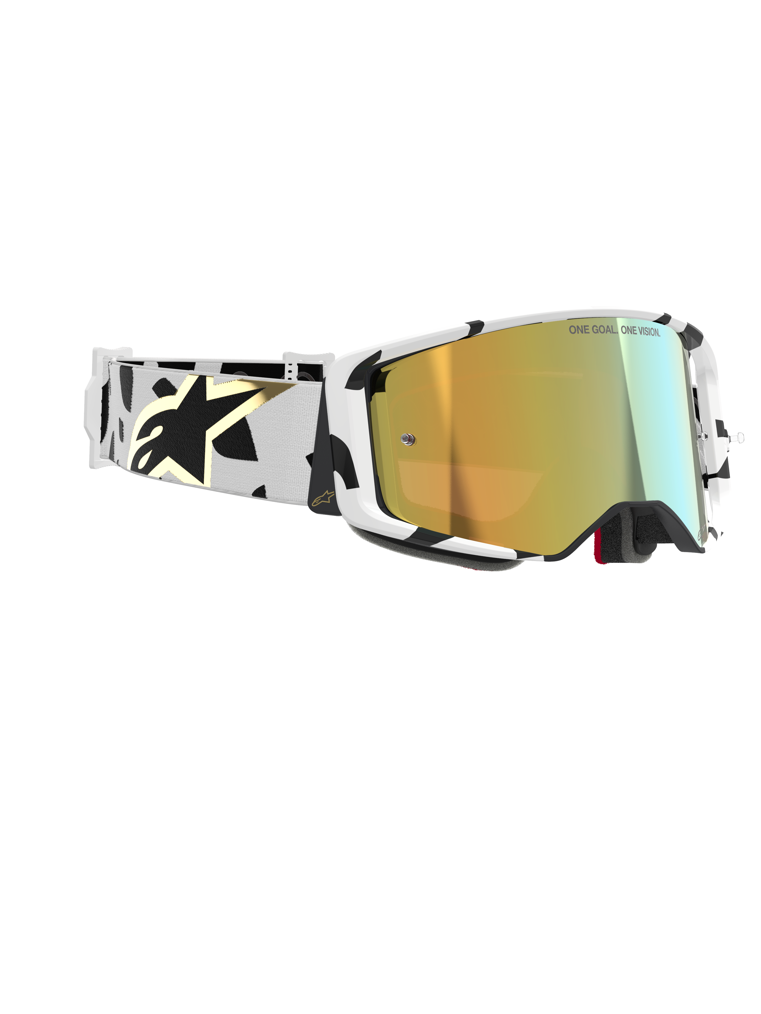 Alpinestars Supertech Corp Goggles Absolute Vision, Motocross Goggles, White frame with black graphic patterns, Gold Mirror lens, white and black strap with gold Alpinestars logo, high-performance protective eyewear for racing.