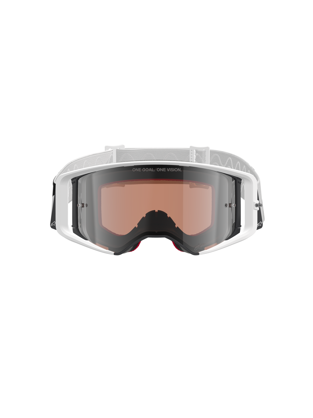 Óculos Alpinestars Supertech Corp Absolute Vision, óculos de motocross, branco e prateado espelhado, vista frontal com armação branca e lente prateada espelhada com o texto "ONE GOAL. ONE VISION.", fita branca ajustável com o logótipo Alpinestars, óculos de proteção de alto desempenho para competição off-road