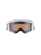 Óculos Alpinestars Supertech Corp Absolute Vision, óculos de motocross, branco e prateado espelhado, vista frontal com armação branca e lente prateada espelhada com o texto "ONE GOAL. ONE VISION.", fita branca ajustável com o logótipo Alpinestars, óculos de proteção de alto desempenho para competição off-road