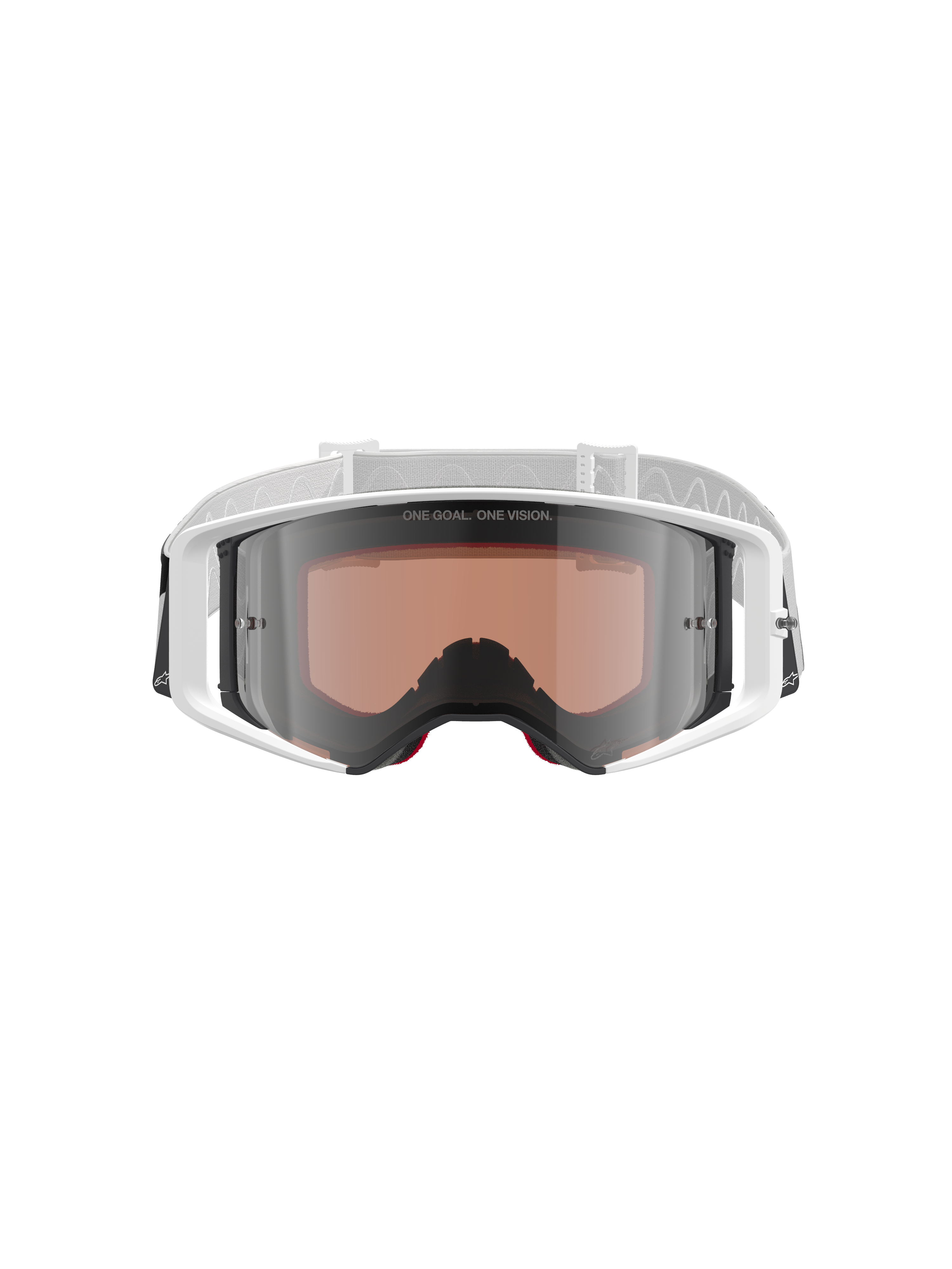 Óculos Alpinestars Supertech Corp Absolute Vision, óculos de motocross, branco e prateado espelhado, vista frontal com armação branca e lente prateada espelhada com o texto "ONE GOAL. ONE VISION.", fita branca ajustável com o logótipo Alpinestars, óculos de proteção de alto desempenho para competição off-road