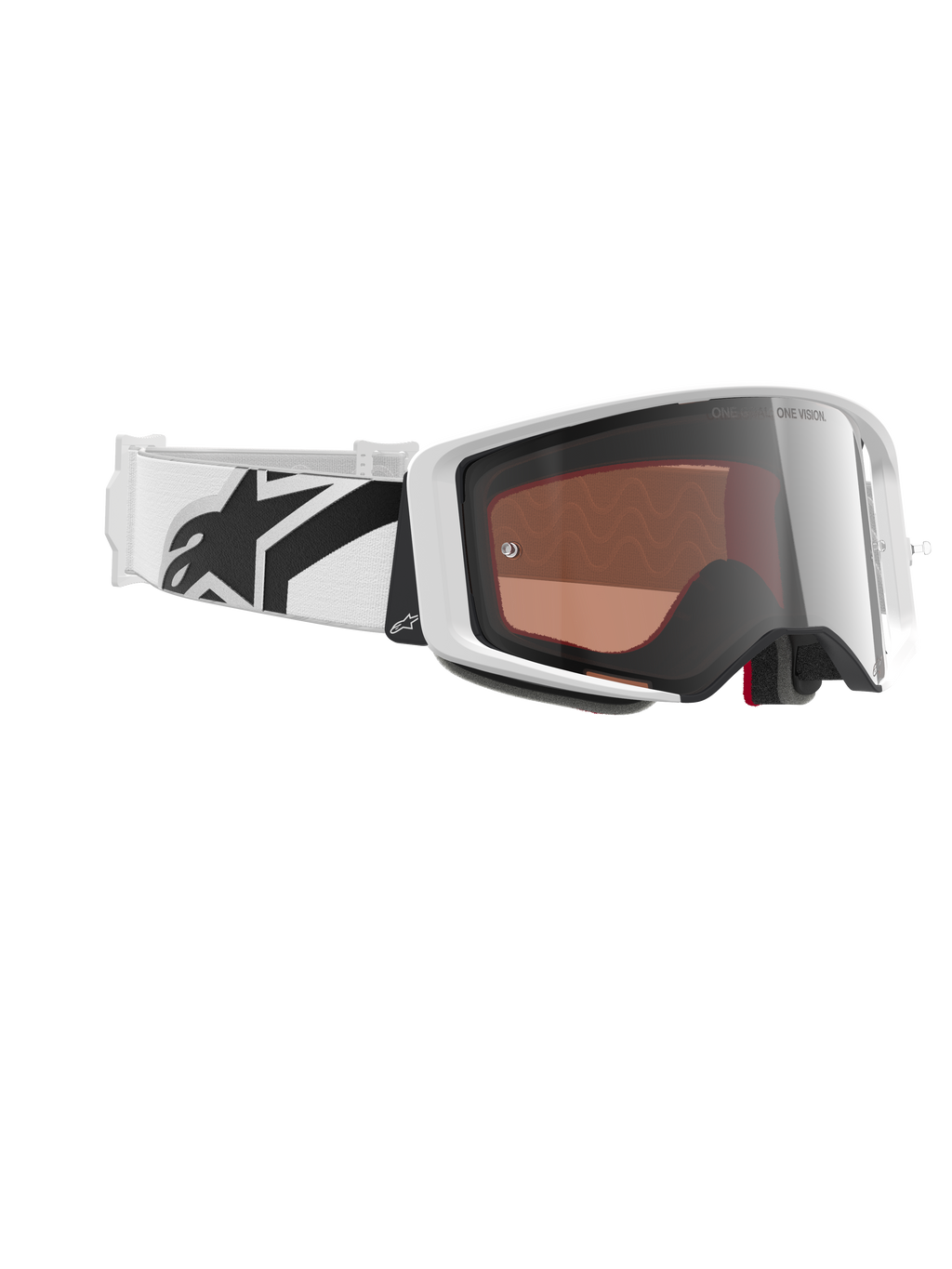 Óculos Alpinestars Supertech Corp Absolute Vision, óculos de motocross, branco e prateado espelhado, com uma armação branca e lente prateada refletora, correia larga ajustável branca com logótipo de estrela preto em destaque, proteção ocular profissional para corridas off-road