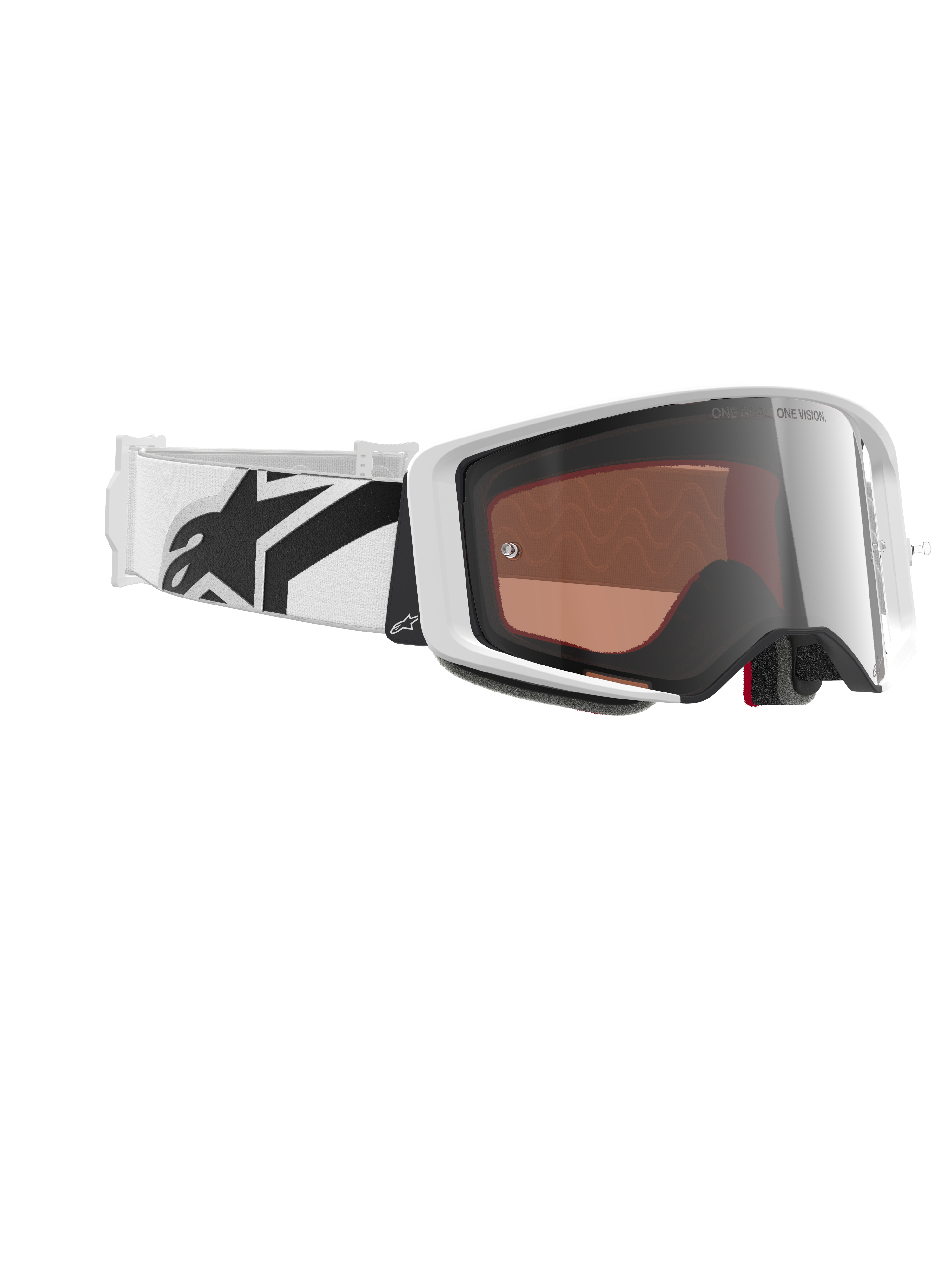 Óculos Alpinestars Supertech Corp Absolute Vision, óculos de motocross, branco e prateado espelhado, com uma armação branca e lente prateada refletora, correia larga ajustável branca com logótipo de estrela preto em destaque, proteção ocular profissional para corridas off-road