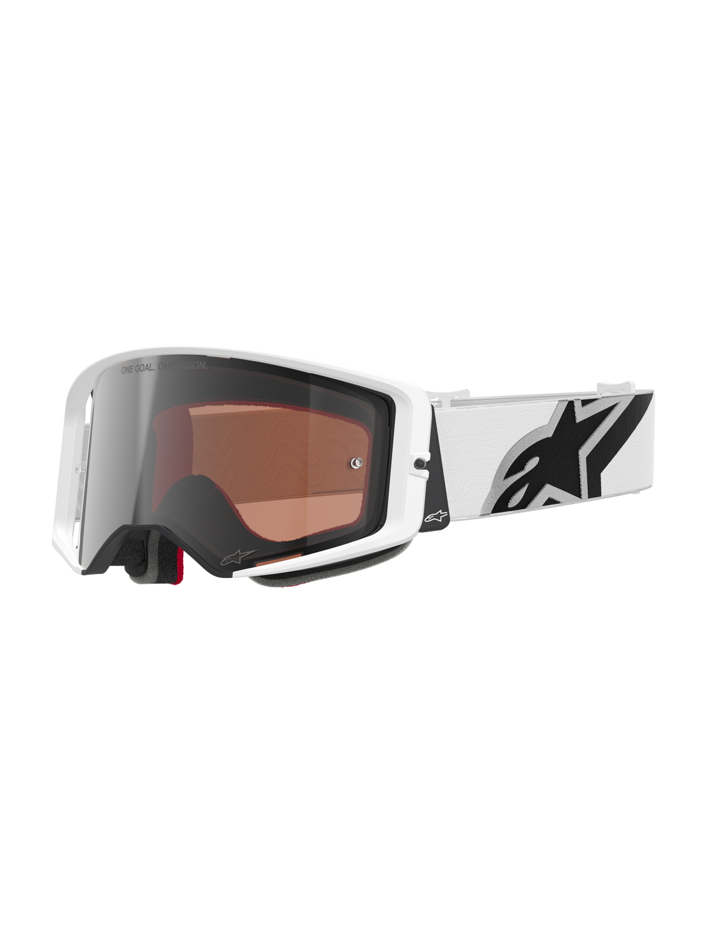 Alpinestars Supertech Corp Goggles Absolute Vision, óculos de motocross, armação branca com lente Silver Mirror, correia larga branca ajustável com um grande logótipo da estrela Alpinestars em preto, óculos de proteção de alto desempenho para corridas off-road