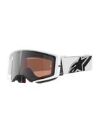 Alpinestars Supertech Corp Goggles Absolute Vision, óculos de motocross, armação branca com lente Silver Mirror, correia larga branca ajustável com um grande logótipo da estrela Alpinestars em preto, óculos de proteção de alto desempenho para corridas off-road