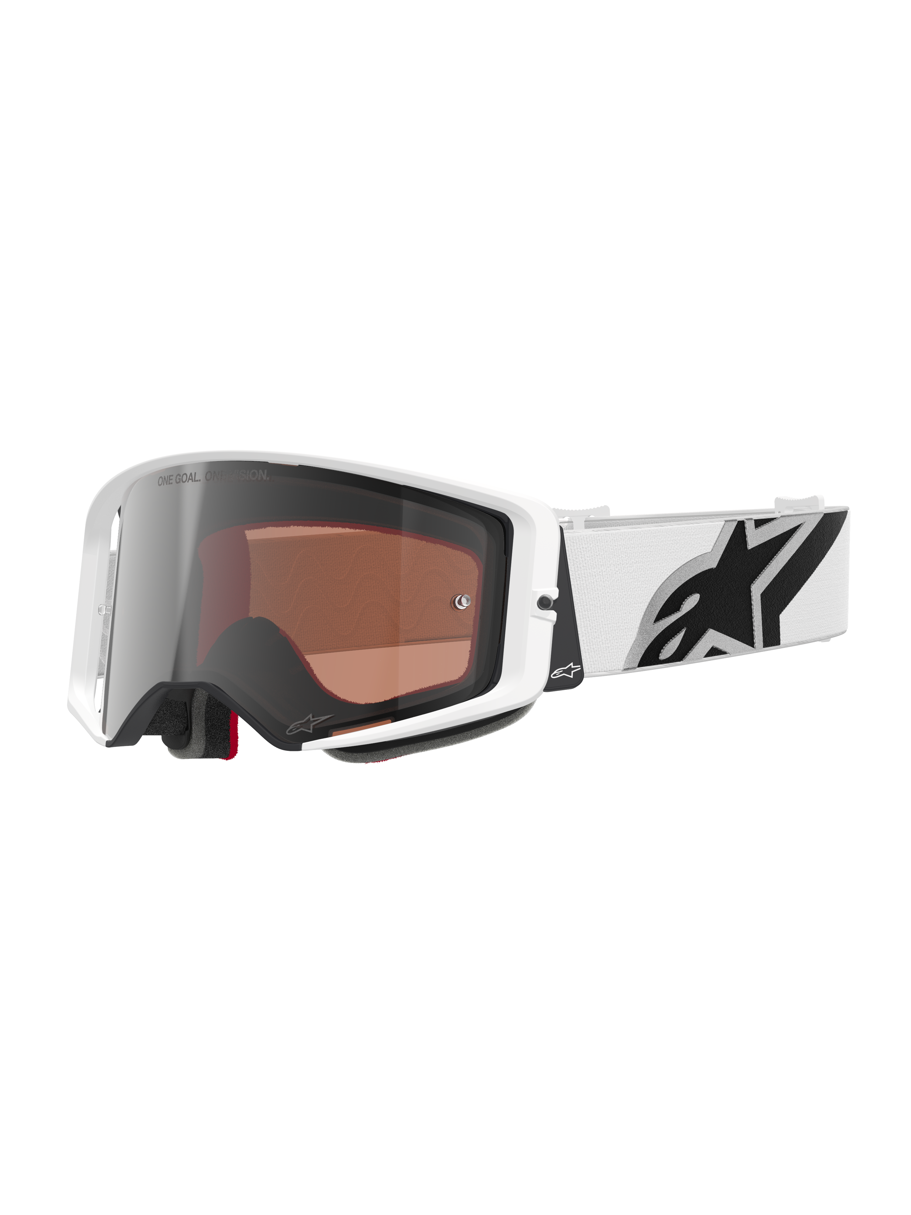 Alpinestars Supertech Corp Goggles Absolute Vision, óculos de motocross, armação branca com lente Silver Mirror, correia larga branca ajustável com um grande logótipo da estrela Alpinestars em preto, óculos de proteção de alto desempenho para corridas off-road