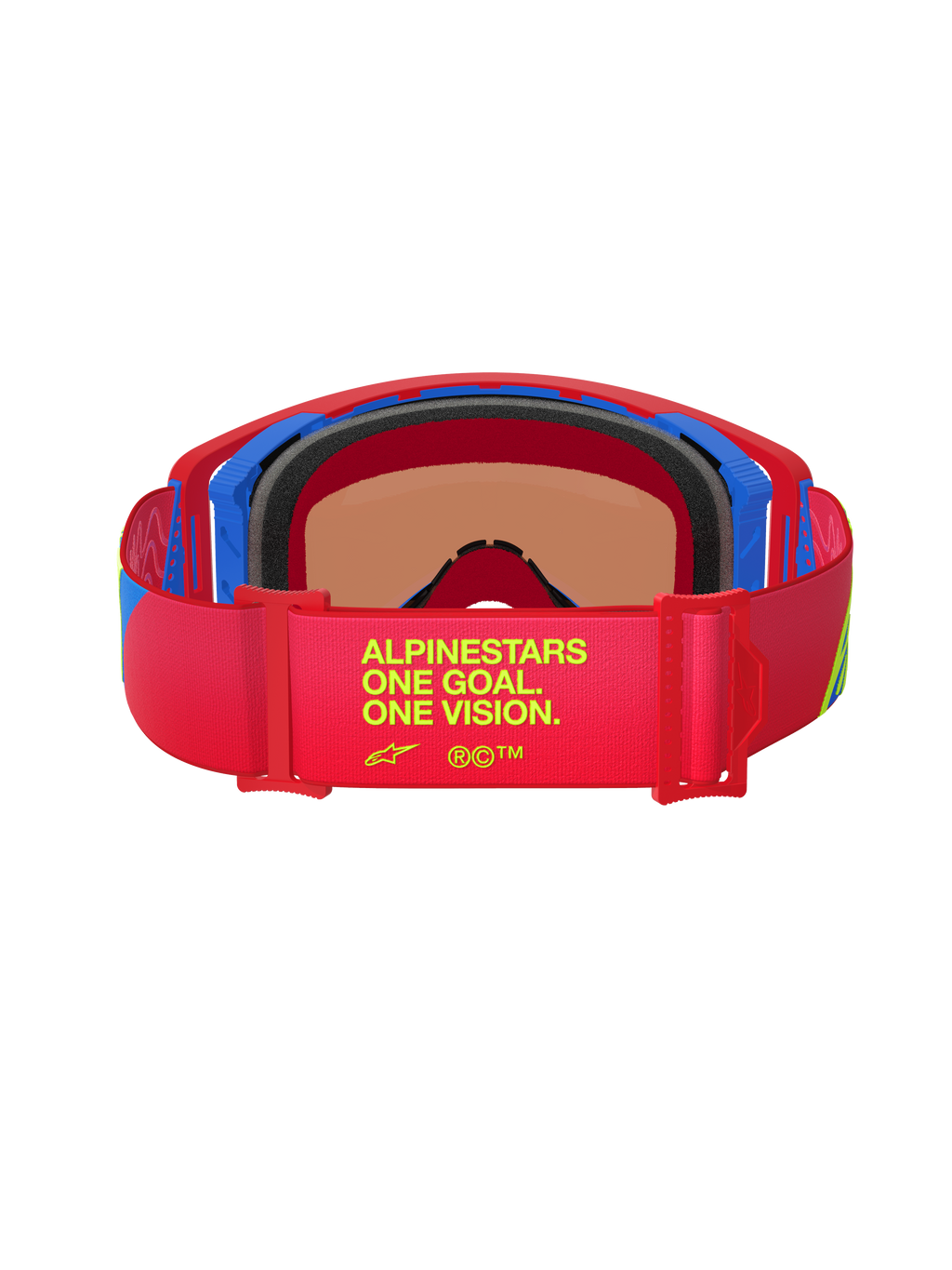 Óculos Alpinestars Supertech Corp Absolute Vision, vista traseira, armação vermelha e azul, correia elástica vermelha com o texto amarelo 'One Goal. One Vision.', espuma facial multicamada preta, óculos de motocross de alto desempenho