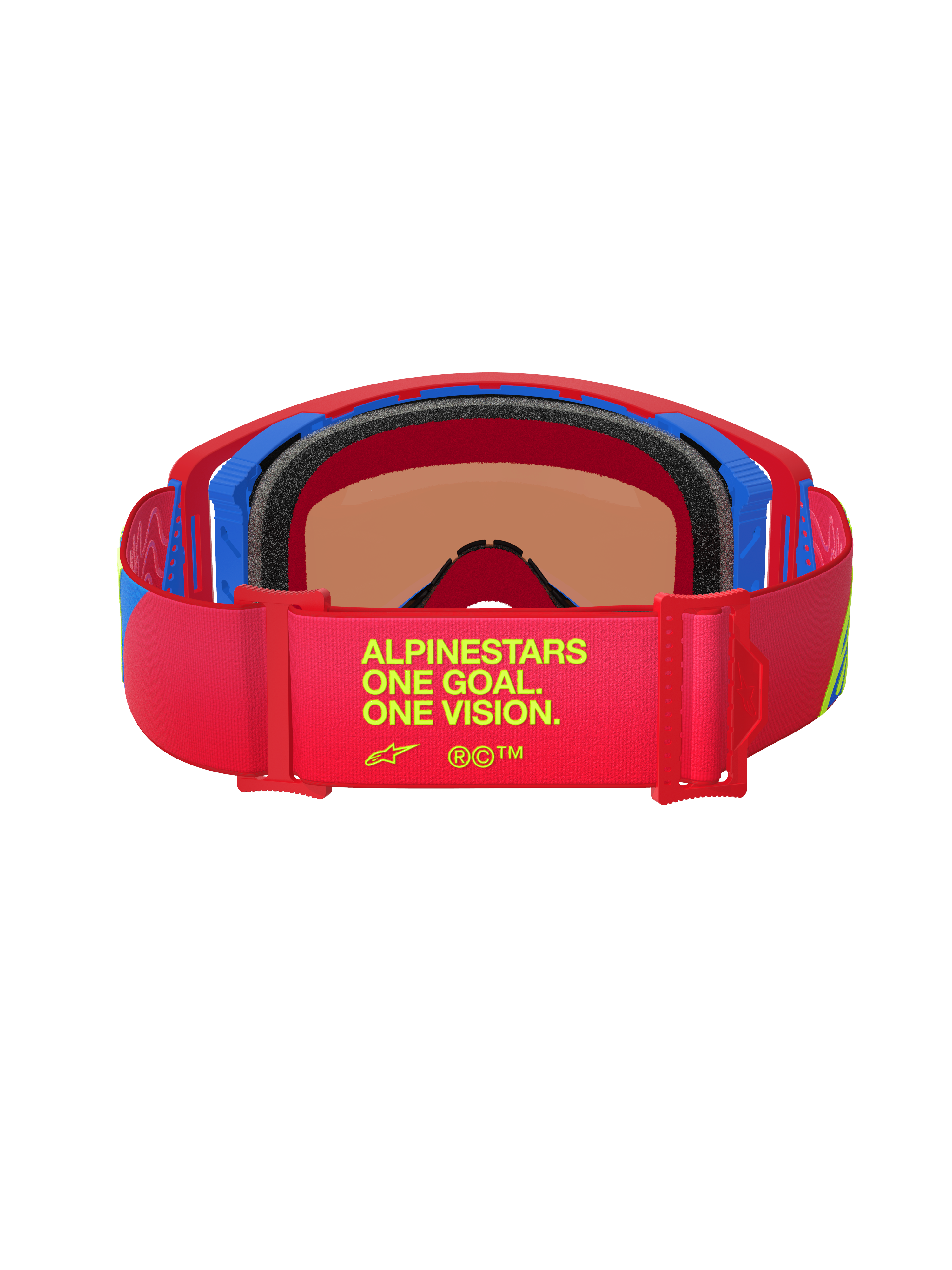 Óculos Alpinestars Supertech Corp Absolute Vision, vista traseira, armação vermelha e azul, correia elástica vermelha com o texto amarelo 'One Goal. One Vision.', espuma facial multicamada preta, óculos de motocross de alto desempenho