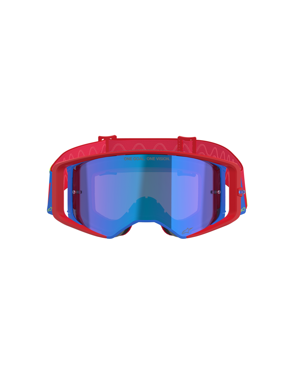 Óculos Alpinestars Supertech Corp Absolute Vision, óculos de motocross, vermelhos e azuis com lente azul espelhada, com armação vermelha vibrante e detalhes em azul, fita vermelha com padrão e o texto 'ONE GOAL... ONE VISION.' na lente