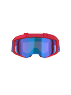 Óculos Alpinestars Supertech Corp Absolute Vision, óculos de motocross, vermelhos e azuis com lente azul espelhada, com armação vermelha vibrante e detalhes em azul, fita vermelha com padrão e o texto 'ONE GOAL... ONE VISION.' na lente