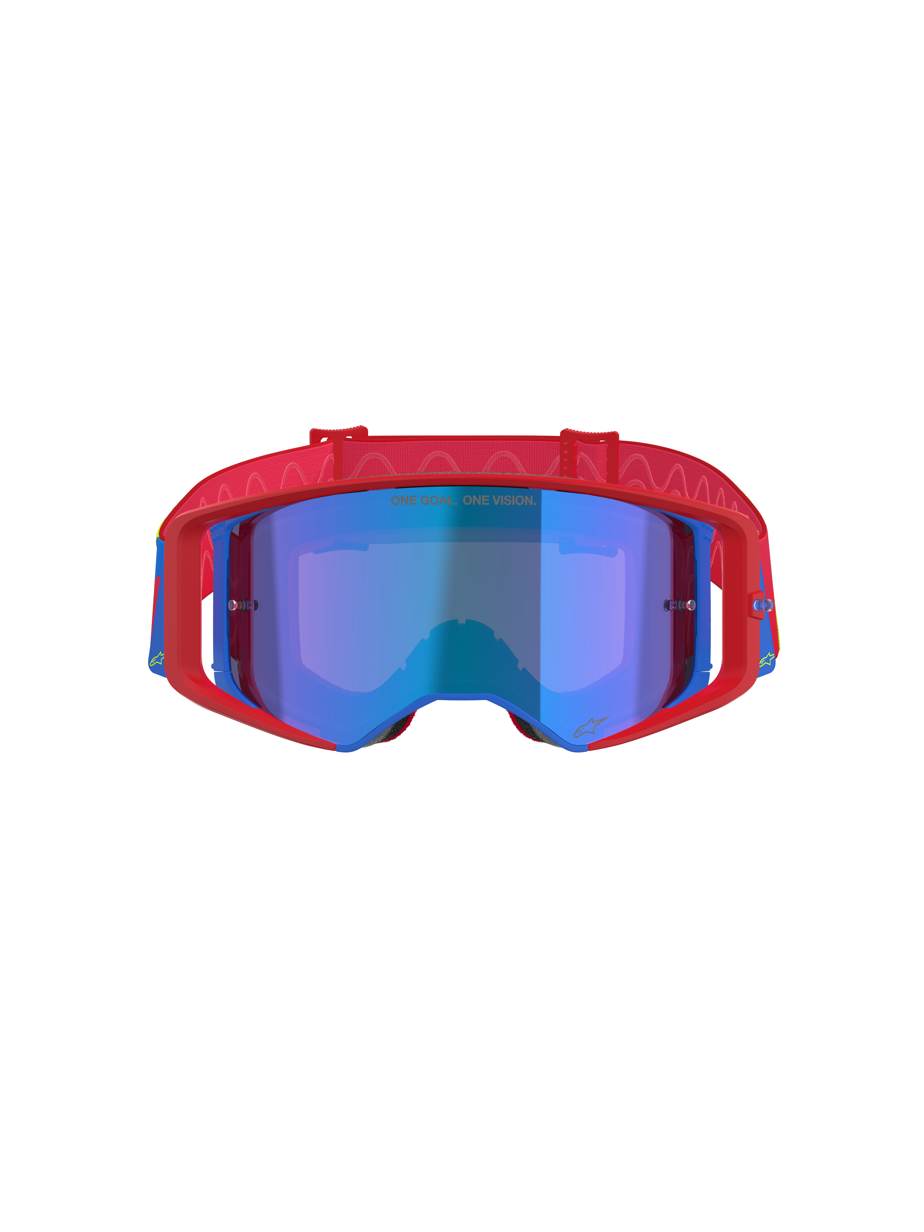Óculos Alpinestars Supertech Corp Absolute Vision, óculos de motocross, vermelhos e azuis com lente azul espelhada, com armação vermelha vibrante e detalhes em azul, fita vermelha com padrão e o texto 'ONE GOAL... ONE VISION.' na lente