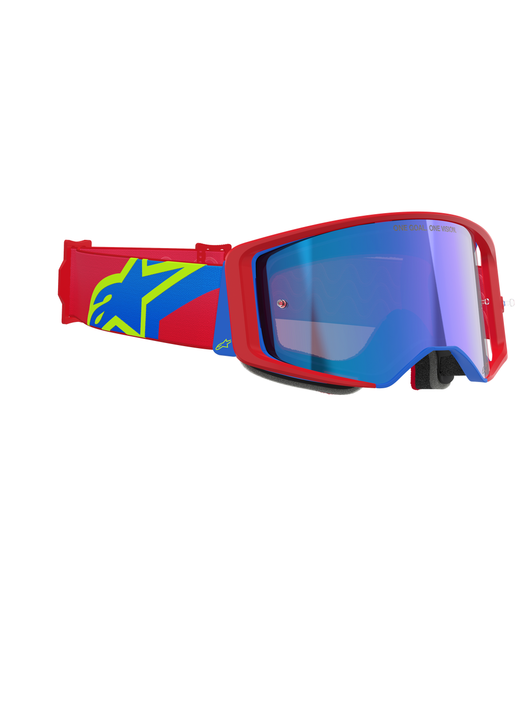 Óculos Alpinestars Supertech Corp Absolute Vision, óculos de motocross, armação vermelha e azul com lente azul espelhada, correia vermelha e azul com logótipo de estrela da Alpinestars em amarelo, óculos de corrida profissionais para todo-o-terreno