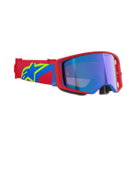 Óculos Alpinestars Supertech Corp Absolute Vision, óculos de motocross, armação vermelha e azul com lente azul espelhada, correia vermelha e azul com logótipo de estrela da Alpinestars em amarelo, óculos de corrida profissionais para todo-o-terreno