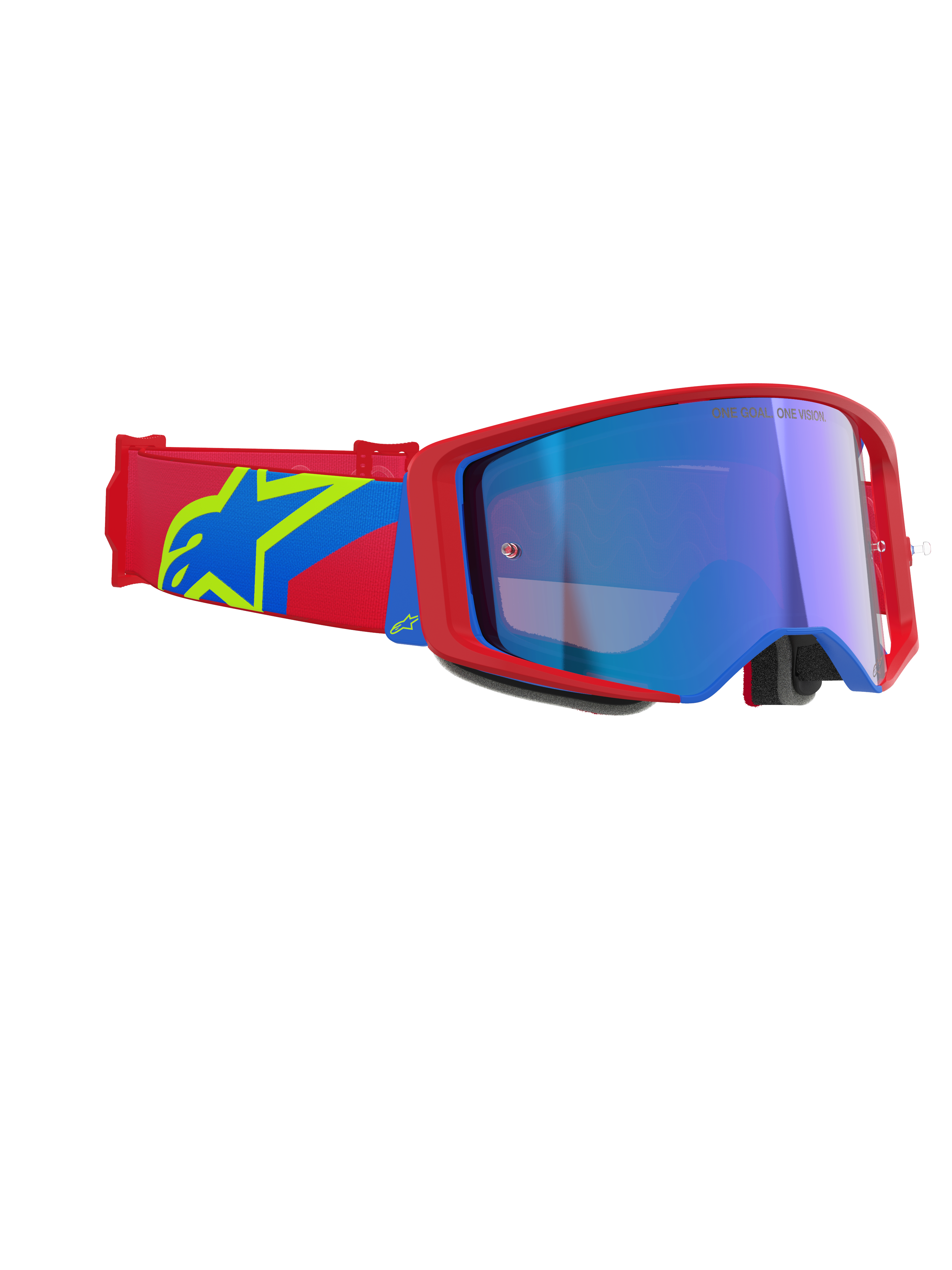 Óculos Alpinestars Supertech Corp Absolute Vision, óculos de motocross, armação vermelha e azul com lente azul espelhada, correia vermelha e azul com logótipo de estrela da Alpinestars em amarelo, óculos de corrida profissionais para todo-o-terreno