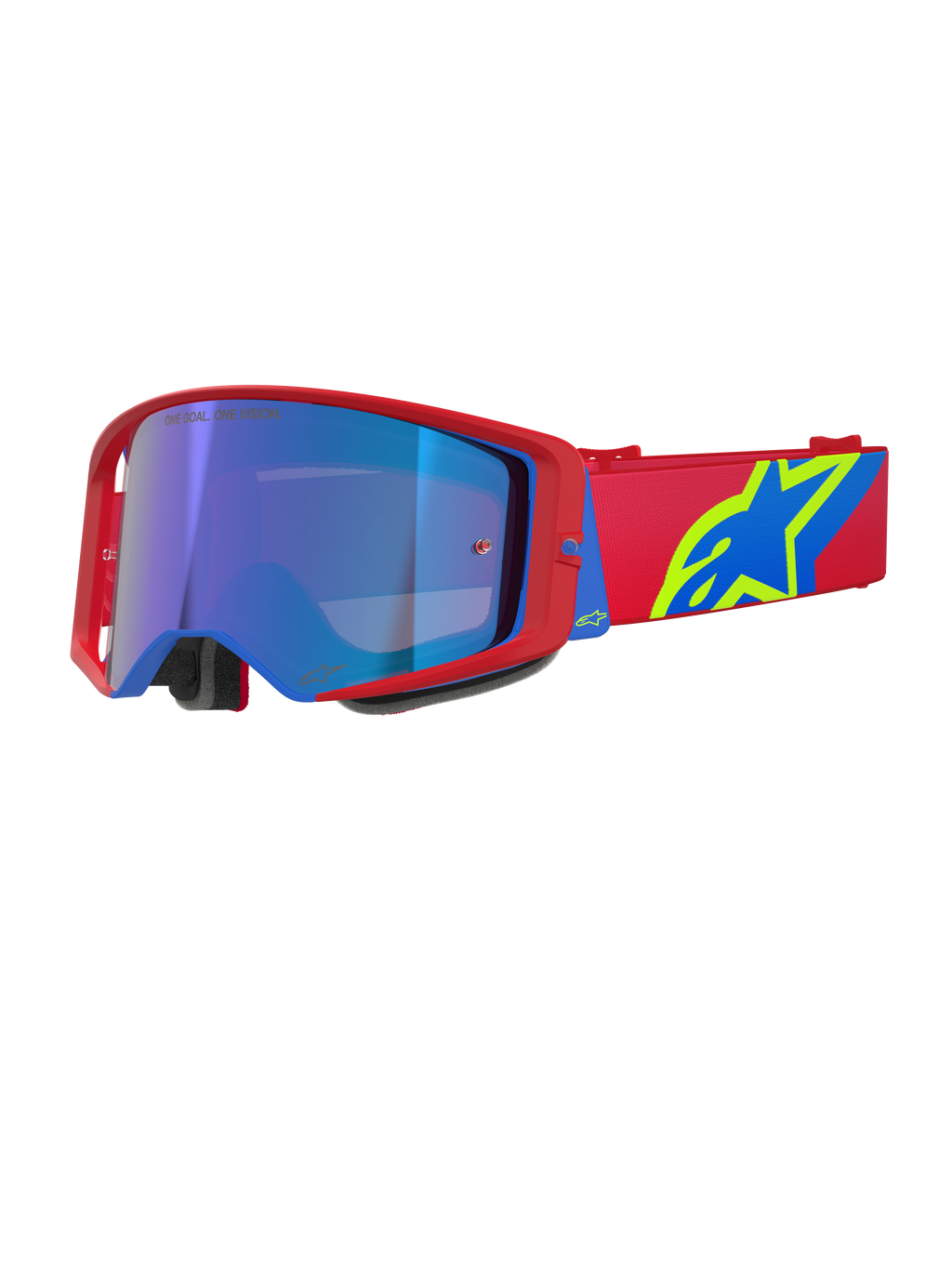 Alpinestars Supertech Corp Goggles Absolute Vision, óculos de motocross, armação vermelha e azul com lente azul espelhada, correia vermelha com logótipo Alpinestars em amarelo e azul, óculos de alta performance para off-road e competição