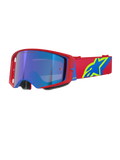 Alpinestars Supertech Corp Goggles Absolute Vision, óculos de motocross, armação vermelha e azul com lente azul espelhada, correia vermelha com logótipo Alpinestars em amarelo e azul, óculos de alta performance para off-road e competição