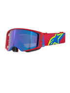 Alpinestars Supertech Corp Goggles Absolute Vision, óculos de motocross, armação vermelha e azul com lente azul espelhada, correia vermelha com logótipo Alpinestars em amarelo e azul, óculos de alta performance para off-road e competição