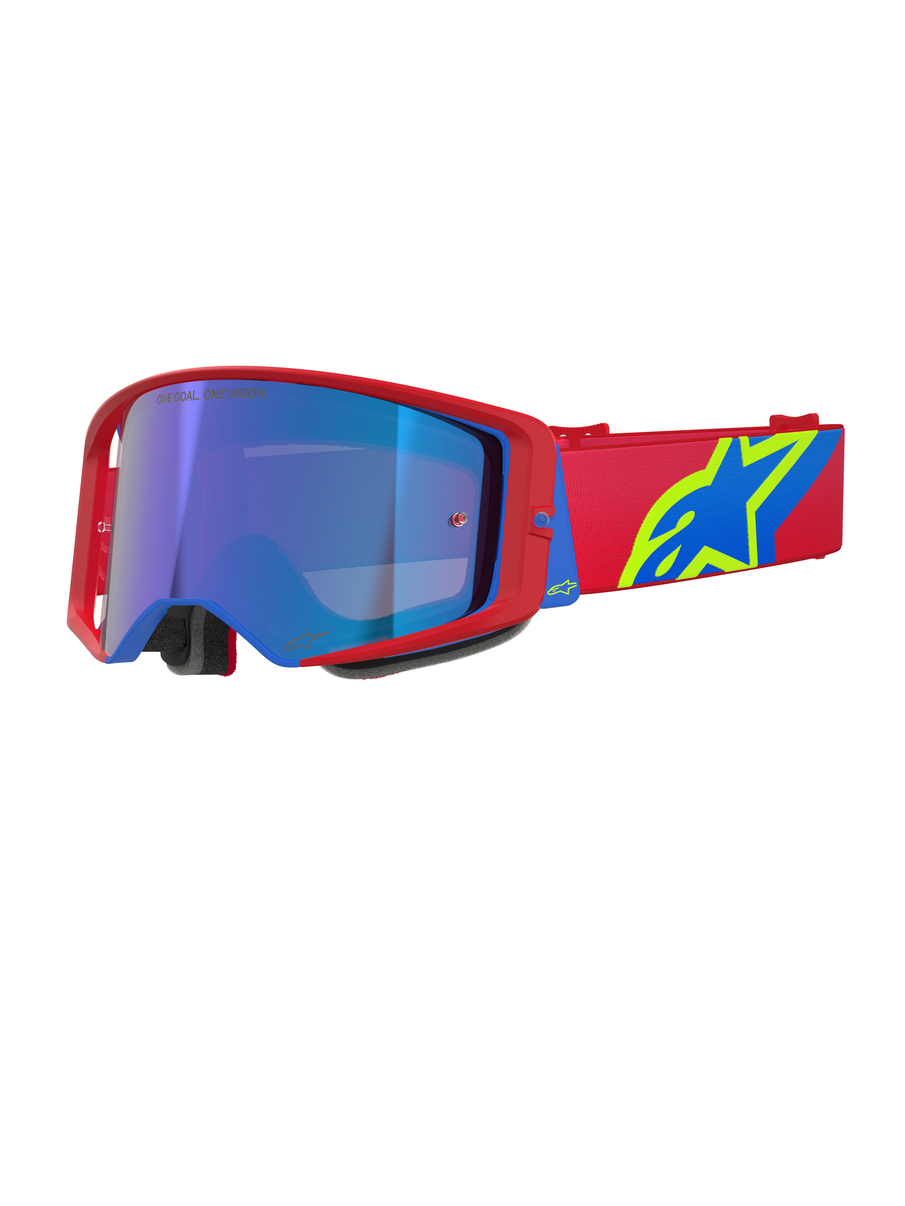Alpinestars Supertech Corp Goggles Absolute Vision, óculos de motocross, armação vermelha e azul com lente azul espelhada, correia vermelha com logótipo Alpinestars em amarelo e azul, óculos de alta performance para off-road e competição