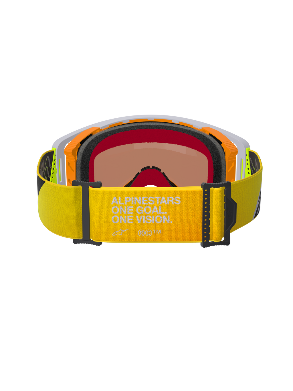 Óculos Alpinestars Supertech Corp Absolute Vision, vista traseira, correia amarelo néon com a marca "ALPINESTARS ONE GOAL. ONE VISION.", armação laranja e cinzenta com espuma facial preta multicamada, lente espelhada de tonalidade quente, óculos de motocross de alta performance