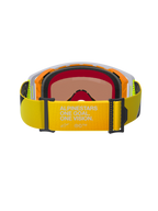 Óculos Alpinestars Supertech Corp Absolute Vision, vista traseira, correia amarelo néon com a marca "ALPINESTARS ONE GOAL. ONE VISION.", armação laranja e cinzenta com espuma facial preta multicamada, lente espelhada de tonalidade quente, óculos de motocross de alta performance