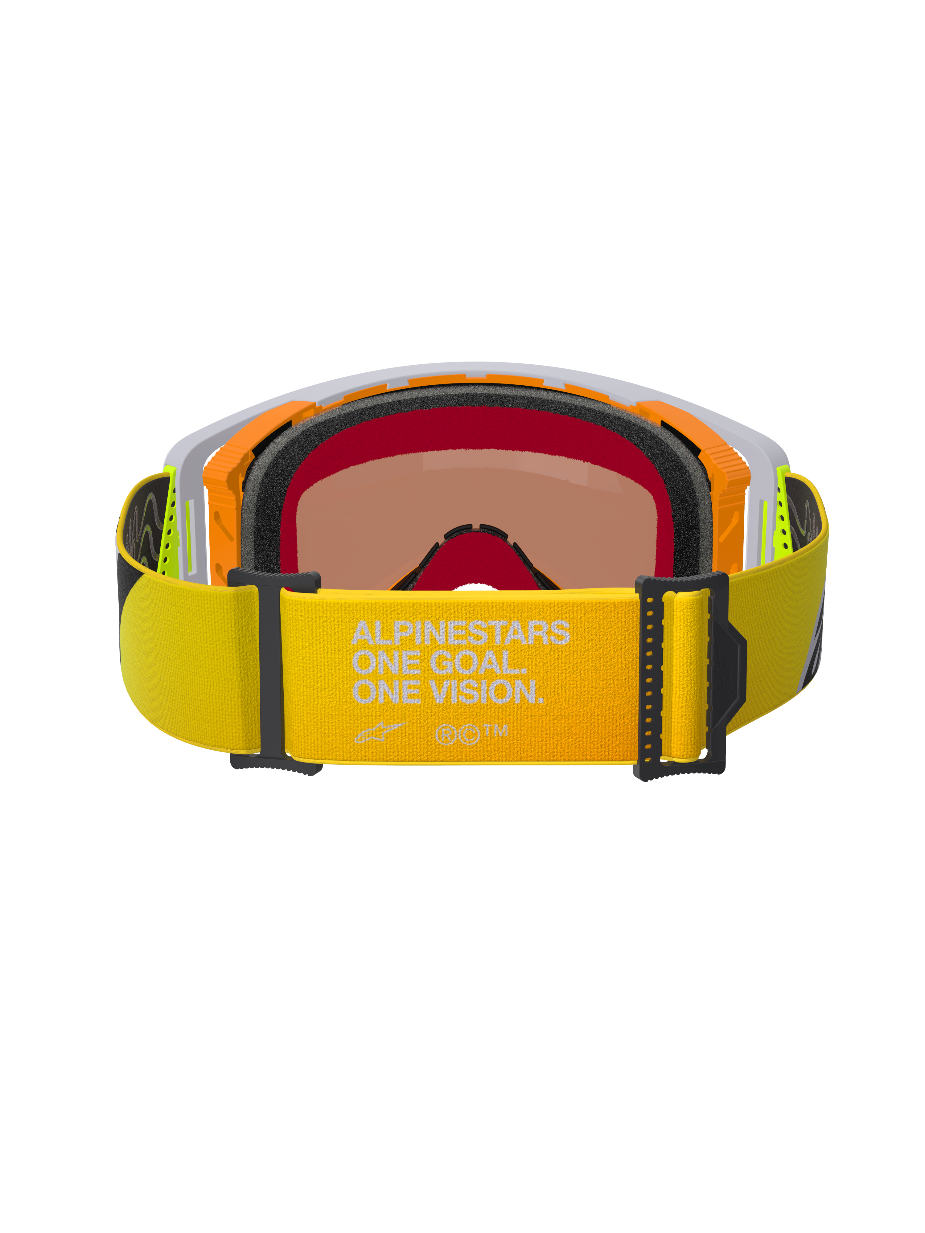 Óculos Alpinestars Supertech Corp Absolute Vision, vista traseira, correia amarelo néon com a marca "ALPINESTARS ONE GOAL. ONE VISION.", armação laranja e cinzenta com espuma facial preta multicamada, lente espelhada de tonalidade quente, óculos de motocross de alta performance