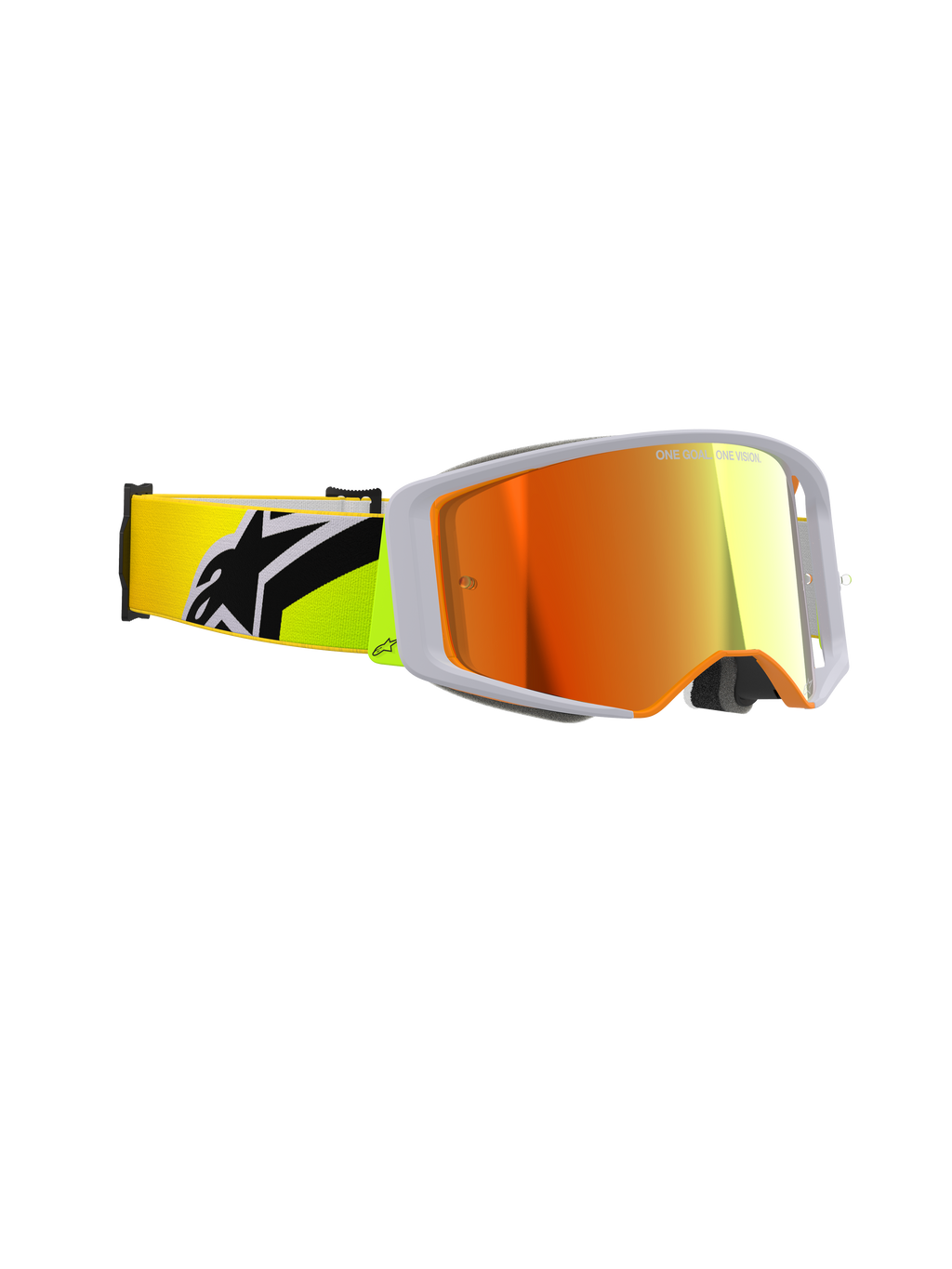 Óculos Alpinestars Supertech Corp Absolute Vision, óculos de motocross, amarelo néon e cinzento, lente vermelha espelhada, vista lateral com visão periférica ampla e fita amarela néon com um logótipo Alpinestars preto em destaque, equipamento profissional de corrida off-road