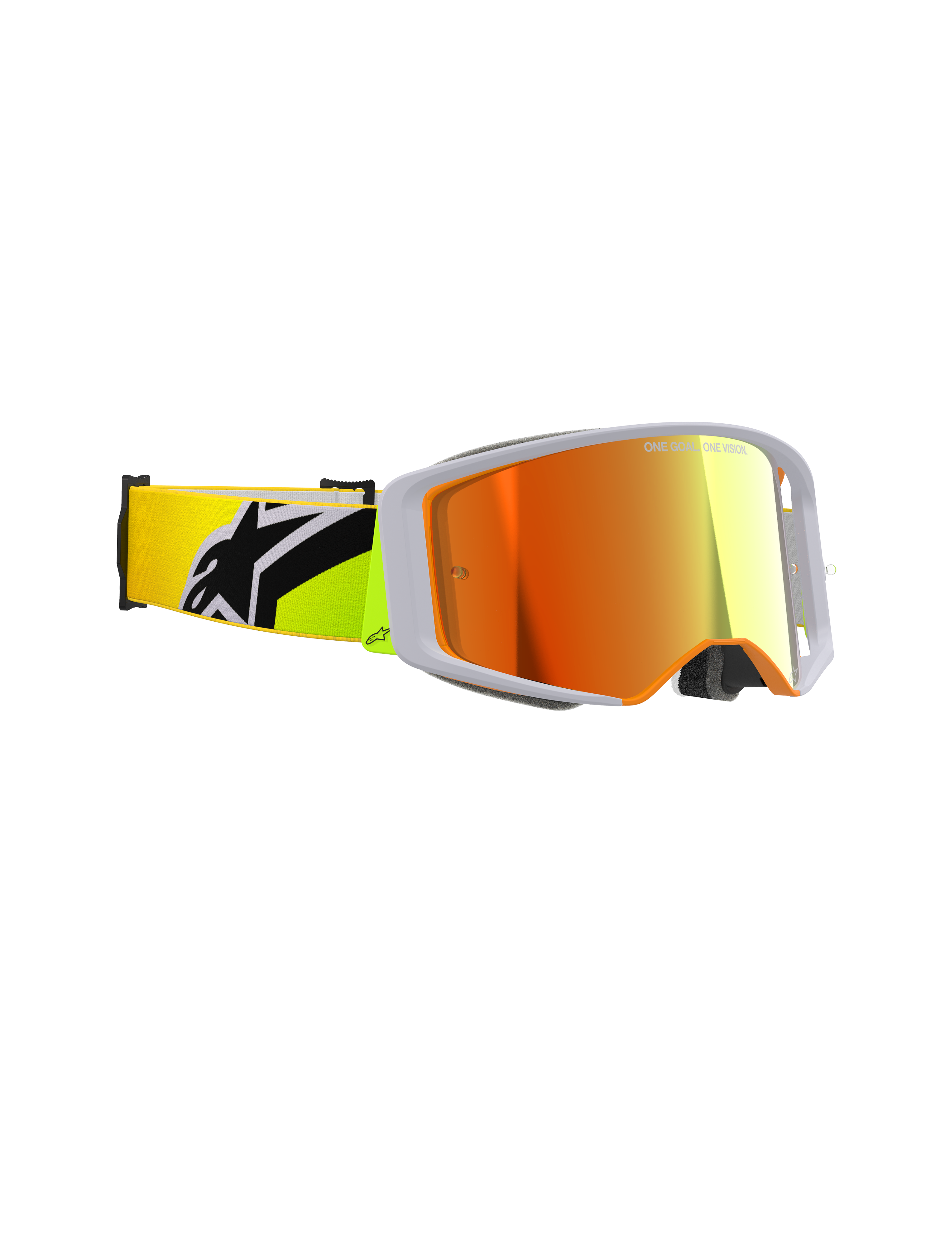 Óculos Alpinestars Supertech Corp Absolute Vision, óculos de motocross, amarelo néon e cinzento, lente vermelha espelhada, vista lateral com visão periférica ampla e fita amarela néon com um logótipo Alpinestars preto em destaque, equipamento profissional de corrida off-road