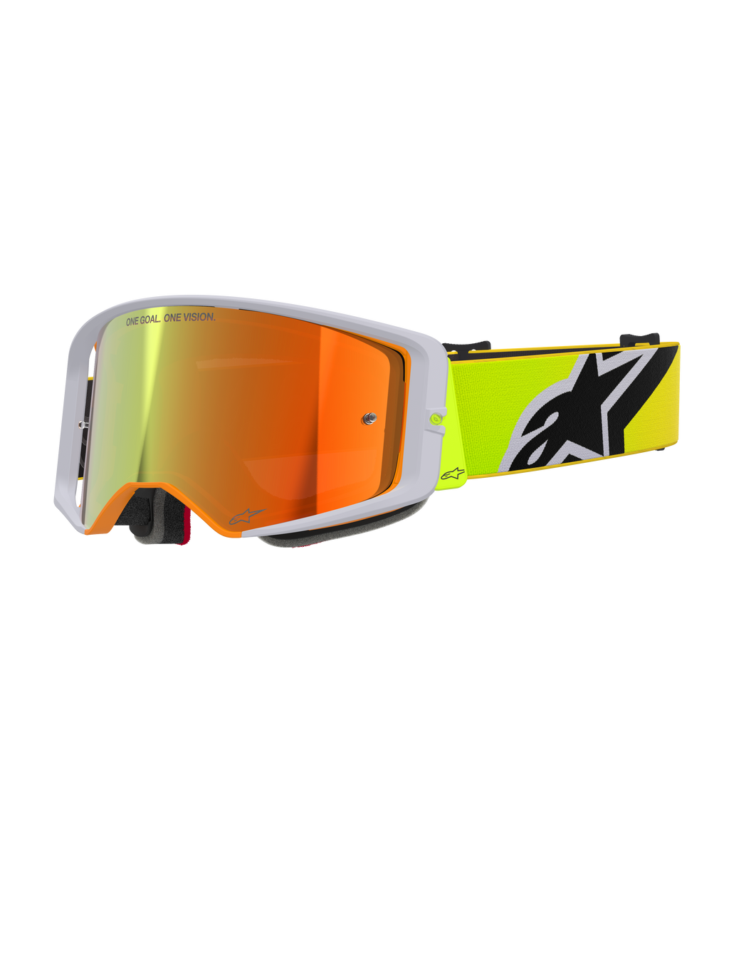Alpinestars Supertech Corp Goggles Absolute Vision, óculos de motocross, amarelo fluorescente e cinzento, lente espelhada vermelha com o texto 'One Goal. One Vision.', fita amarelo fluorescente com logótipo Alpinestars em destaque a preto e branco, proteção ocular de alto desempenho para off-road