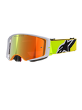 Alpinestars Supertech Corp Goggles Absolute Vision, óculos de motocross, amarelo fluorescente e cinzento, lente espelhada vermelha com o texto 'One Goal. One Vision.', fita amarelo fluorescente com logótipo Alpinestars em destaque a preto e branco, proteção ocular de alto desempenho para off-road