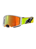 Alpinestars Supertech Corp Goggles Absolute Vision, óculos de motocross, amarelo fluorescente e cinzento, lente espelhada vermelha com o texto 'One Goal. One Vision.', fita amarelo fluorescente com logótipo Alpinestars em destaque a preto e branco, proteção ocular de alto desempenho para off-road