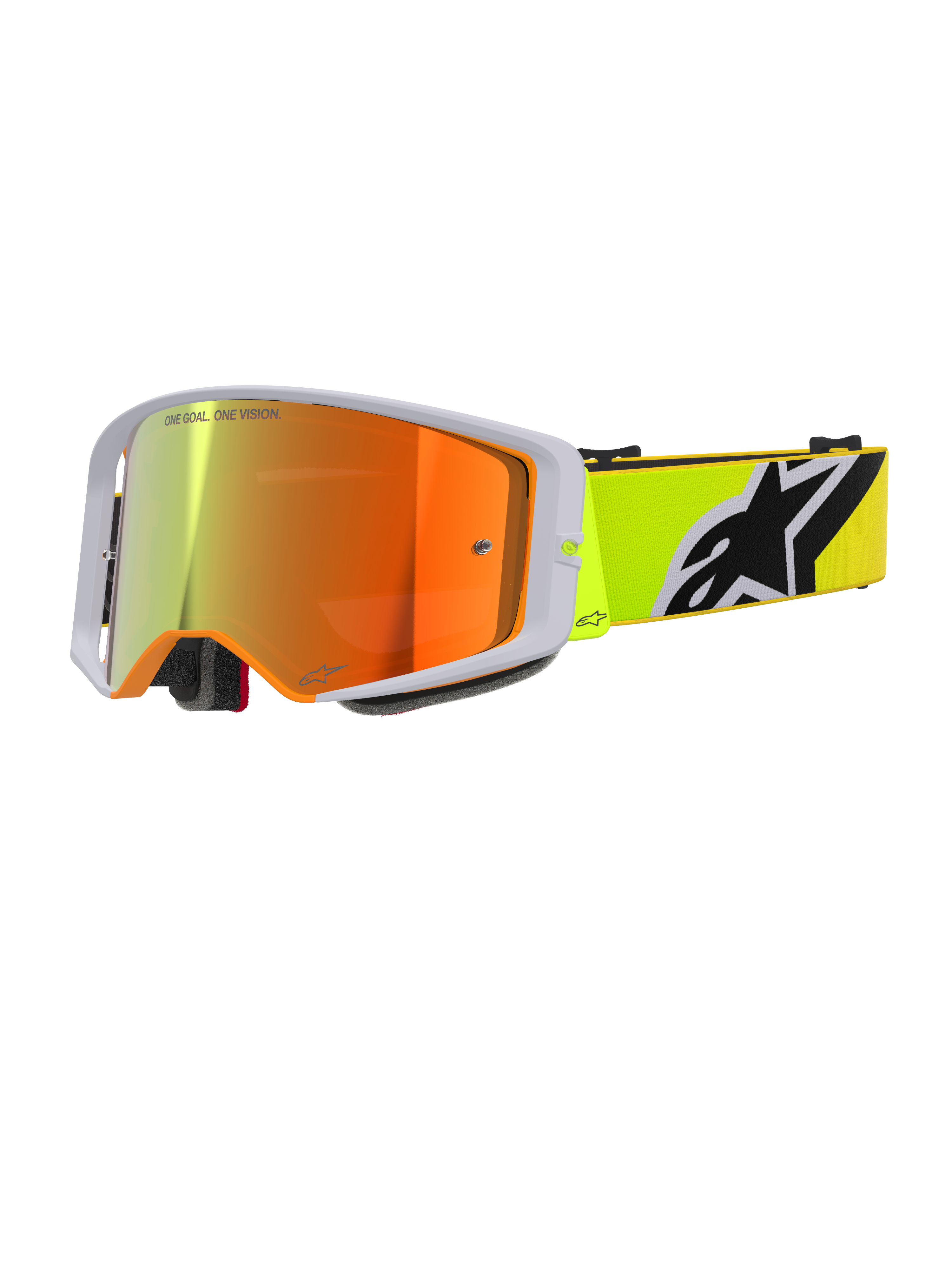 Alpinestars Supertech Corp Goggles Absolute Vision, óculos de motocross, amarelo fluorescente e cinzento, lente espelhada vermelha com o texto 'One Goal. One Vision.', fita amarelo fluorescente com logótipo Alpinestars em destaque a preto e branco, proteção ocular de alto desempenho para off-road