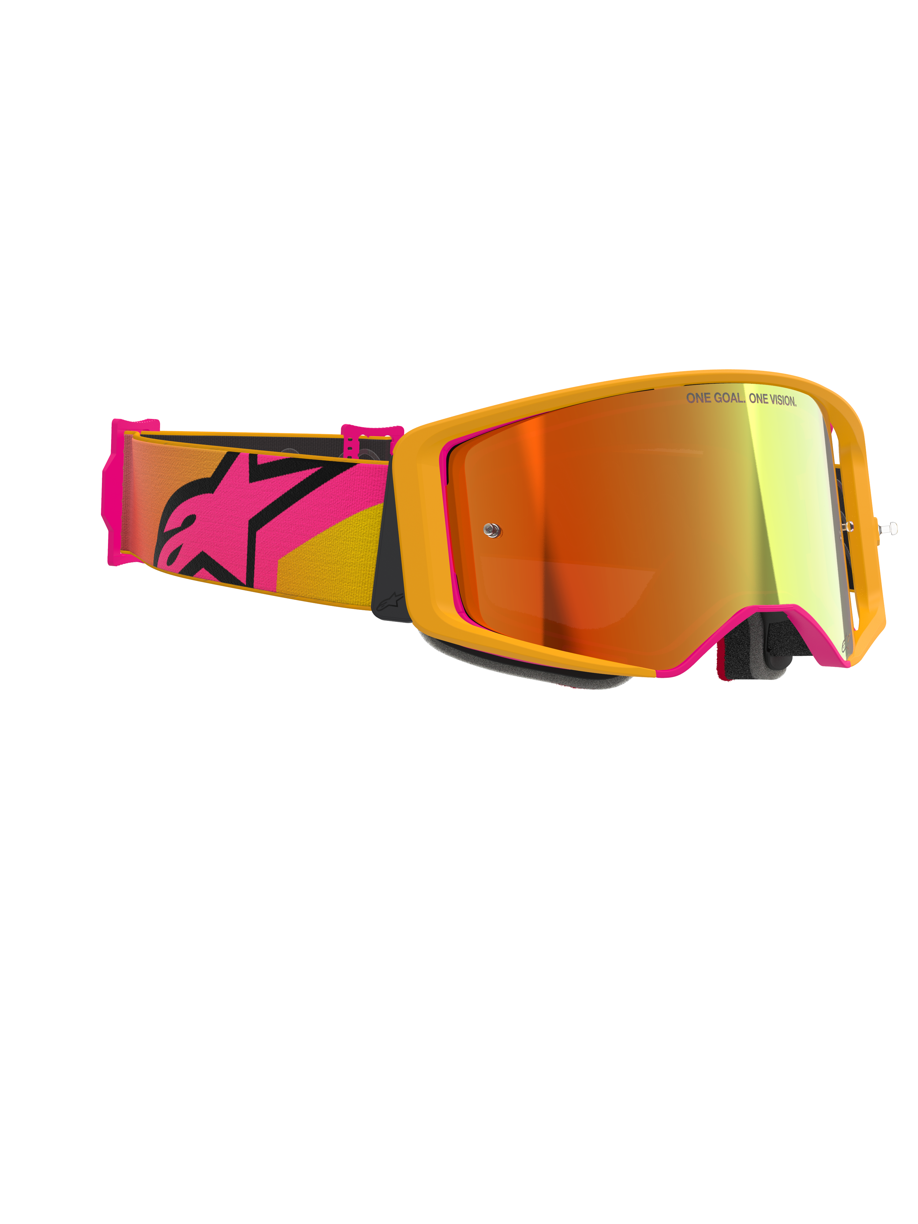 Alpinestars Supertech Corp Goggles Absolute Vision, Motocross Goggles, Yellow with Pink accents and Mirror Red lens, featuring a wide pink and yellow strap with a large Alpinestars logo, 'ONE GOAL. ONE VISION.' printed on the lens, high-performance racing eyewear for off-road use