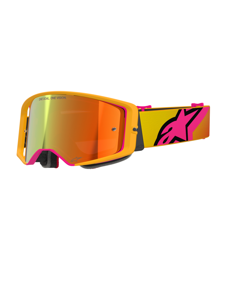 Óculos Alpinestars Supertech Corp Absolute Vision, óculos de motocross, amarelos e rosa com lente espelhada vermelha, com armação amarela vibrante, lente espelhada com reflexos laranja e vermelhos, correia amarela com grande logótipo da estrela Alpinestars em rosa, proteção ocular profissional para competições off-road