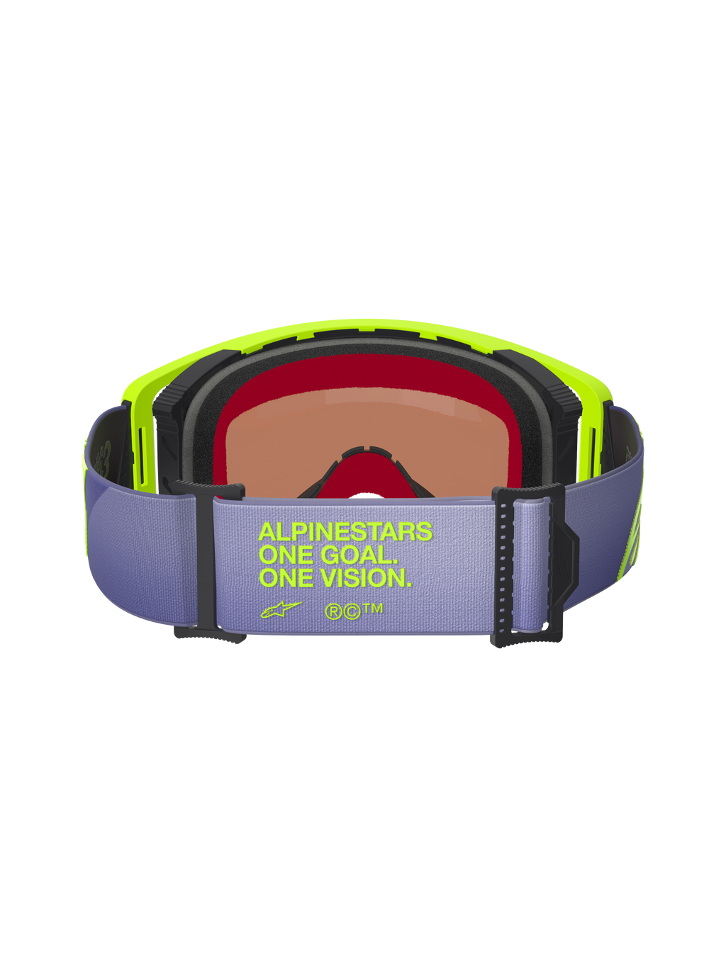 Alpinestars Supertech Vision Corp Goggles, back view, light purple strap featuring neon yellow 'ALPINESTARS ONE GOAL. ONE VISION.' text, neon yellow frame, multi-layer black face foam, and tinted lens for motocross and off-road racing