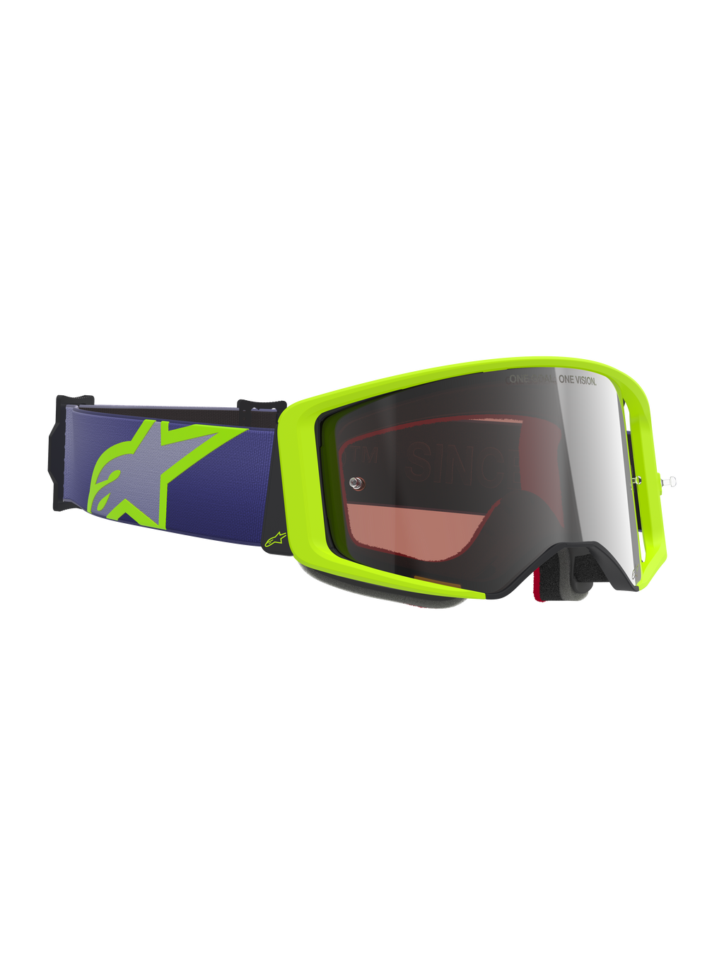 Alpinestars Supertech Vision Corp Goggles, Motocross Goggles, Fluorescent Yellow and Purple, Mirror Silver lens, purple elastic strap with lime yellow Astars logo, specialized eye protection for off-road and dirt bike racing
