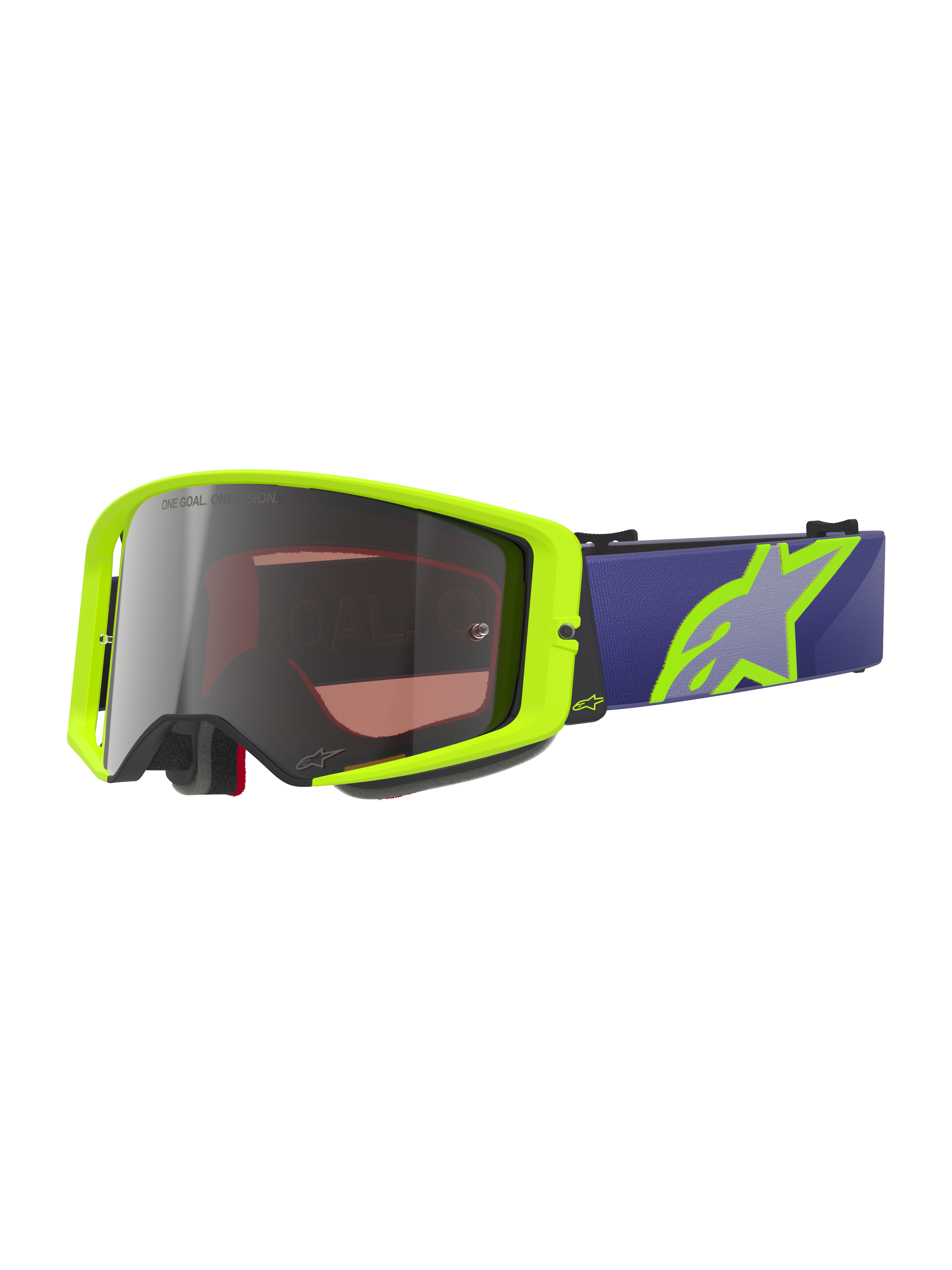 Alpinestars Supertech Vision Corp Goggles, Motocross Off-Road Goggles, Neon Yellow and Purple, silver mirrored lens with One Goal One Vision text, purple strap with large neon yellow star logo, black foam padding, high-impact curved lens design