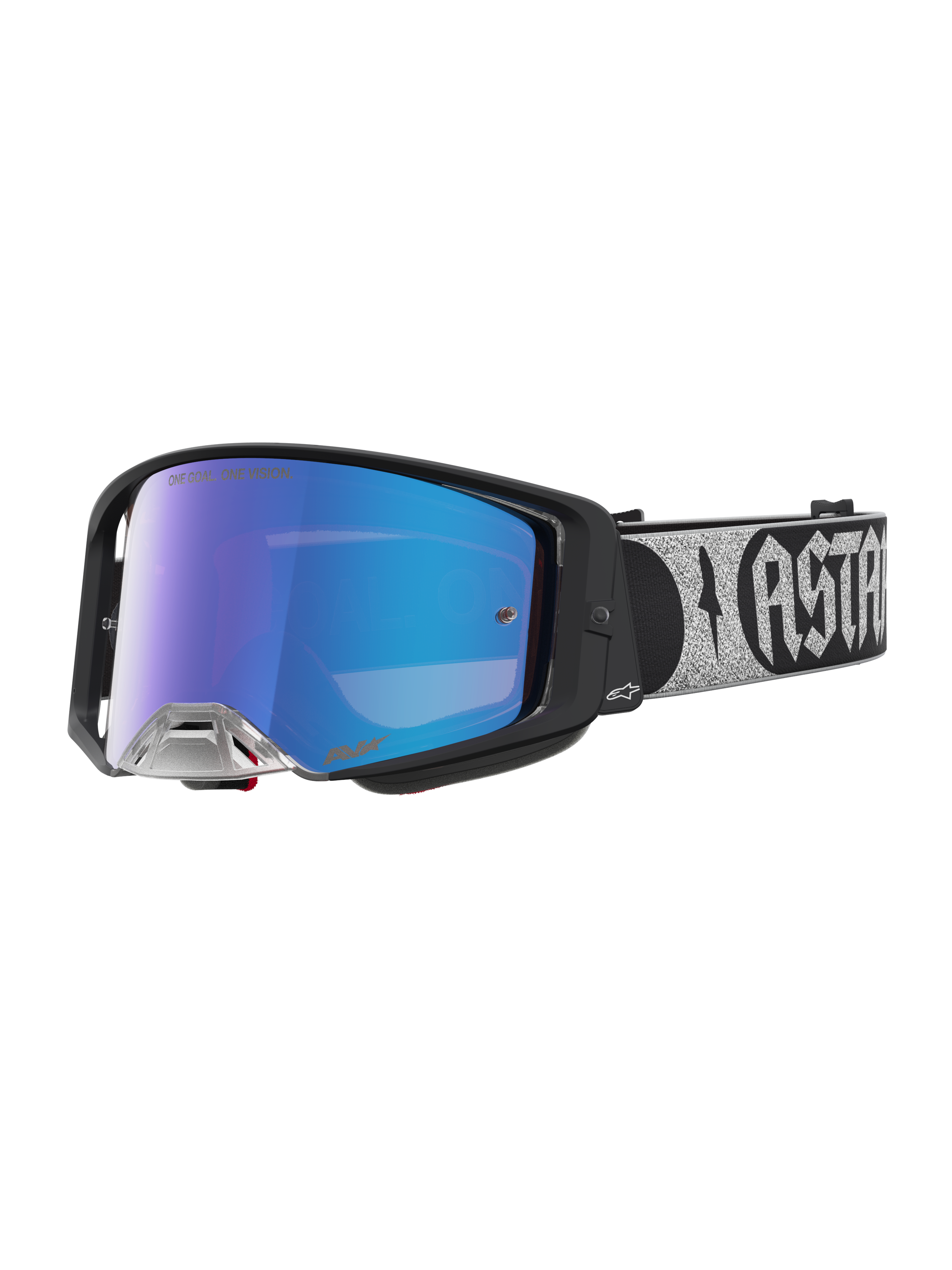 Alpinestars Supertech Atrox Motocross Goggles feature a black frame and blue mirror lens for professional off-road racing.