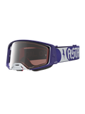 Alpinestars Óculos Supertech Atrox, óculos de motocross para corrida, azul-escuro e branco com lente prateada espelhada, alça elástica com logótipo Astars.