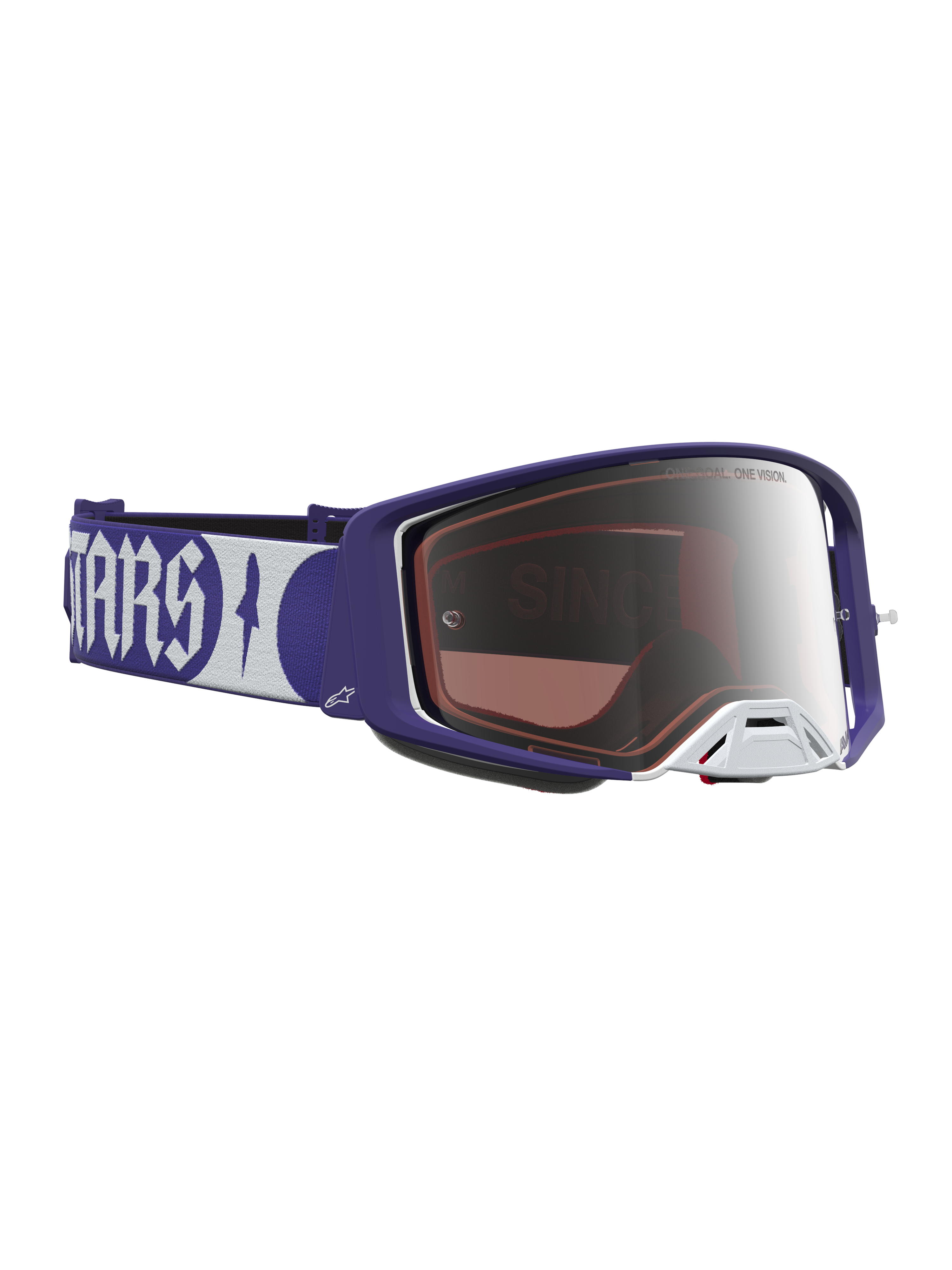 Alpinestars Óculos Supertech Atrox, óculos de motocross, azuis e brancos com lente prateada espelhada.