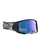 Alpinestars Supertech Atrox, óculos de motocross, pretos com lente azul espelhada e fita prateada ajustável com logótipo