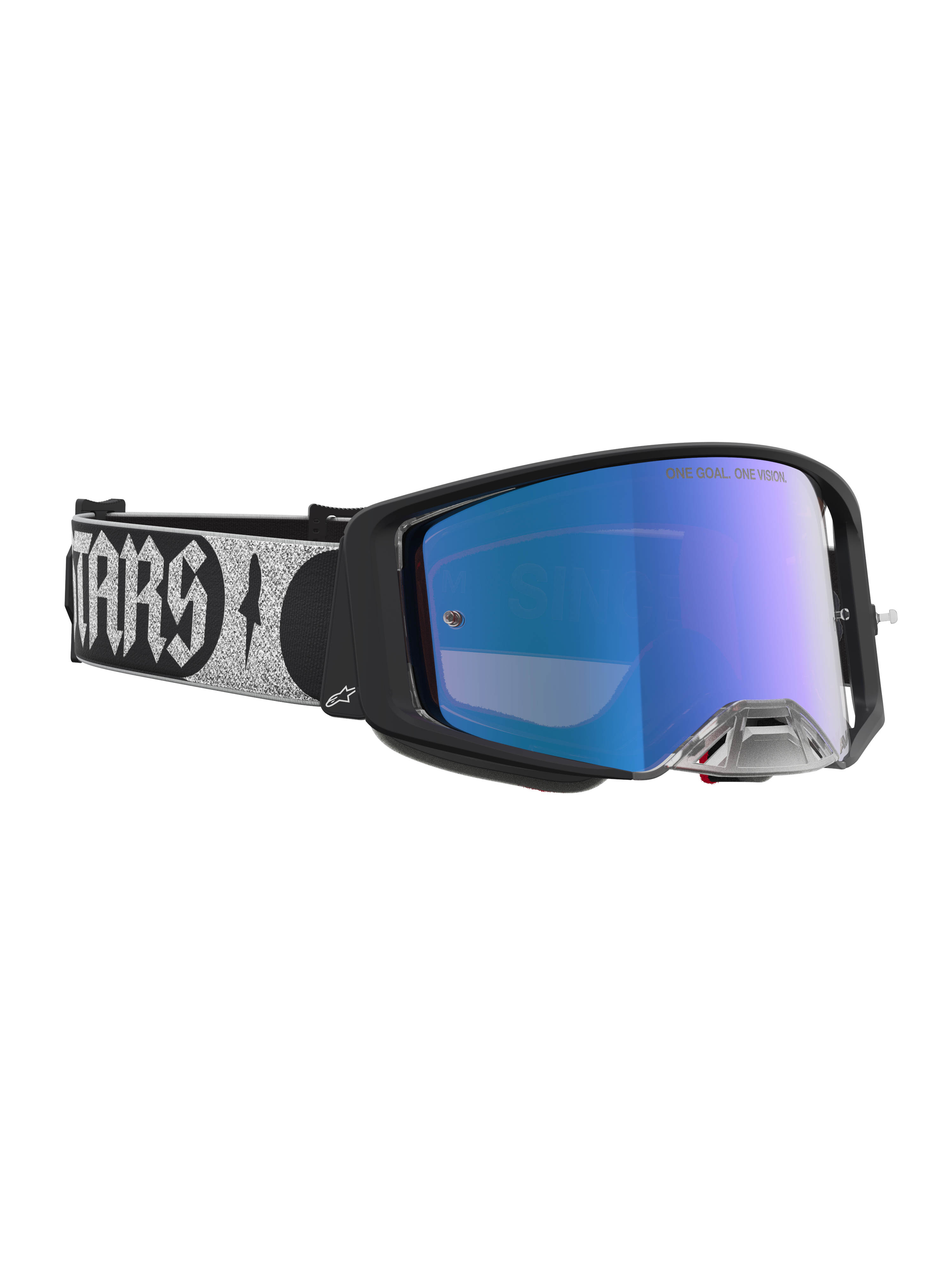 Alpinestars Supertech Atrox, óculos de motocross, pretos com lente azul espelhada e fita prateada ajustável com logótipo