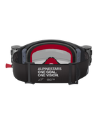 Alpinestars Supertech Corp Goggles Roll Off, Black and Grey with Red accents, rear view showing wide strap with 'ALPINESTARS ONE GOAL. ONE VISION.' white text, integrated roll-off canisters on sides, and red multi-layer face foam, professional motocross eye protection
