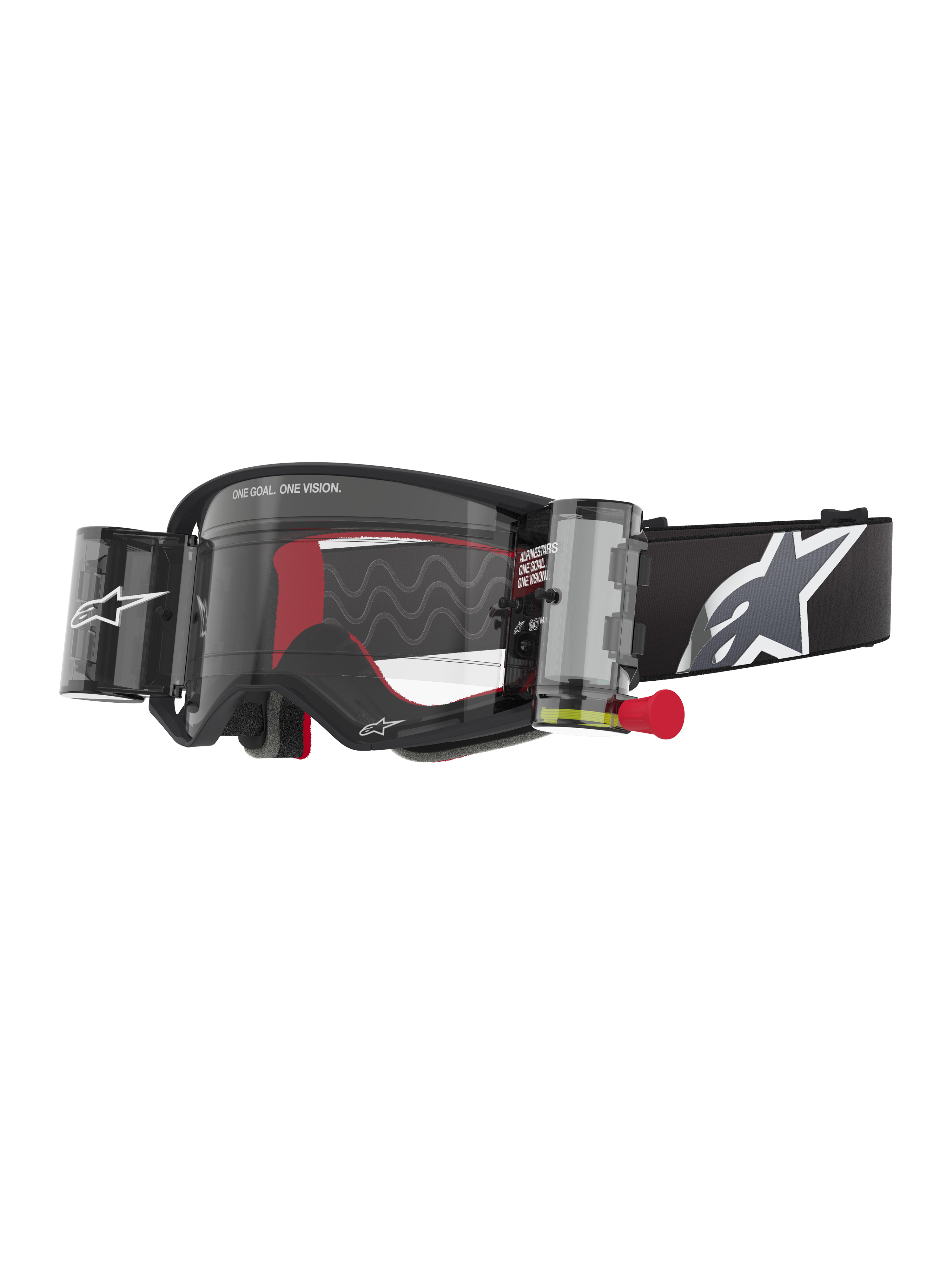 Alpinestars Supertech Corp Goggles Roll Off, Black frame with Clear lens, featuring a Wide Vision Roll-Off system and red pull tab, black strap with a large grey and white Alpinestars logo, technical motocross eyewear with "One Goal. One Vision." branding.