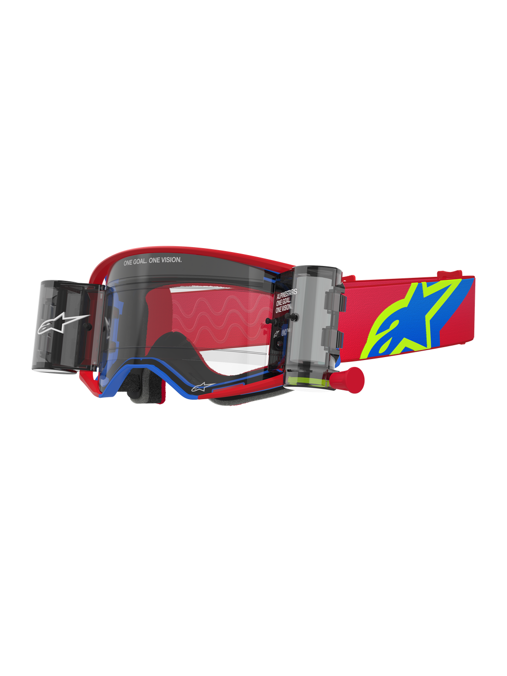 Alpinestars Supertech Corp Goggles Roll Off, Motocross Goggles, Red and Blue with Clear Lens, features integrated Wide Vision Roll-Off system, clear injection-molded lens, red frame with blue accents, wide red strap with blue and yellow star logo, professional off-road racing eye protection