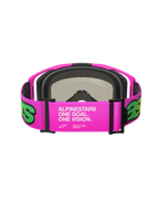 Alpinestars Vision 8 Vista Goggles, óculos de motocross, rosa e amarelo néon, vista traseira da correia larga ajustável com a marca branca 'One Goal. One Vision.', armação rosa com espuma facial preta, proteção ocular de alta performance para off-road