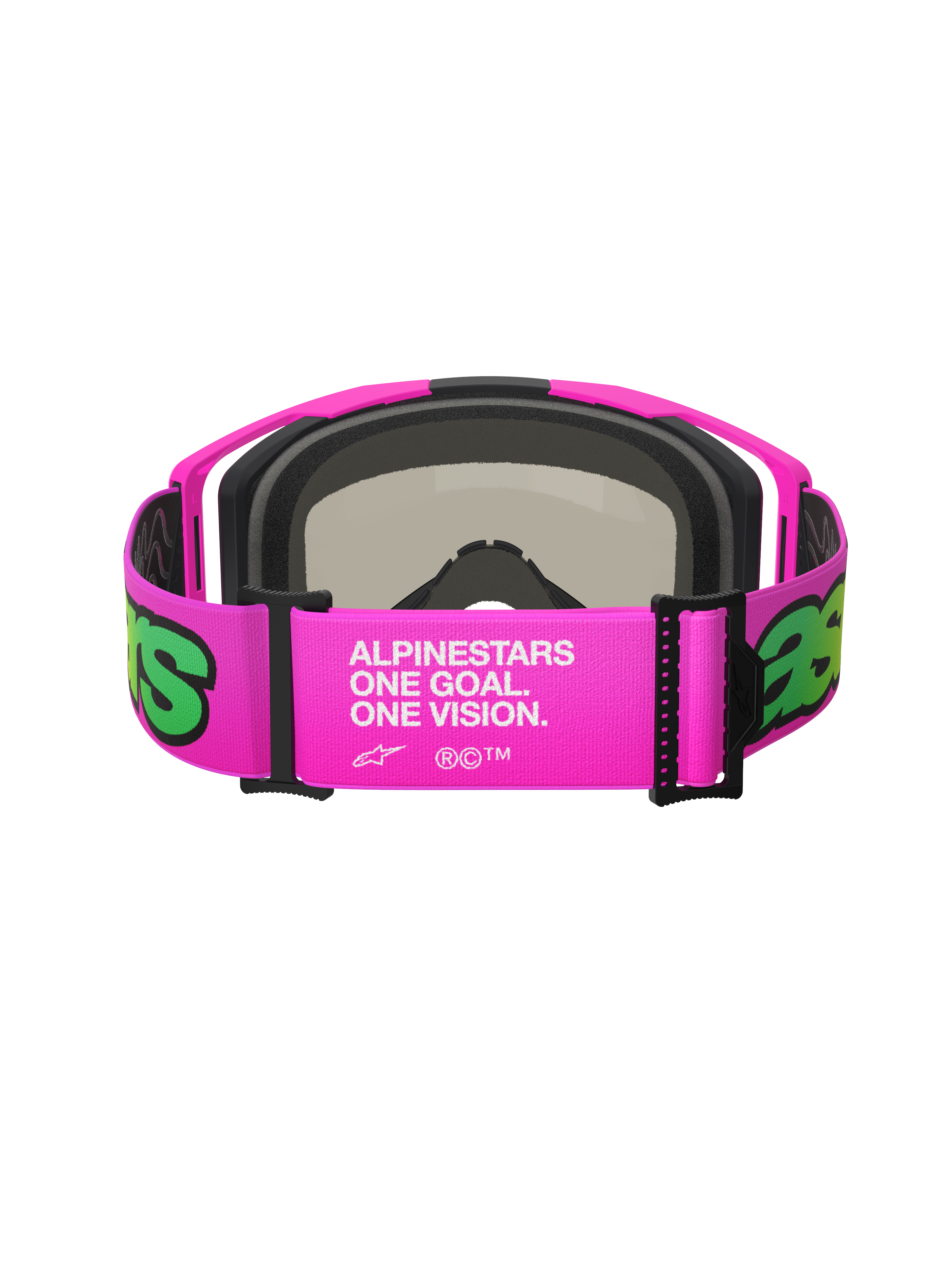 Alpinestars Vision 8 Vista Goggles, óculos de motocross, rosa e amarelo néon, vista traseira da correia larga ajustável com a marca branca 'One Goal. One Vision.', armação rosa com espuma facial preta, proteção ocular de alta performance para off-road
