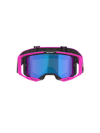 Óculos Alpinestars Vision 8 Vista, óculos de motocross, rosa fluo e amarelo fluo com lente espelhada azul, armação rosa vibrante, lente azul espelhada, correia preta com a inscrição 'ONE GOAL. ONE VISION.', óculos de proteção profissional para corridas off-road