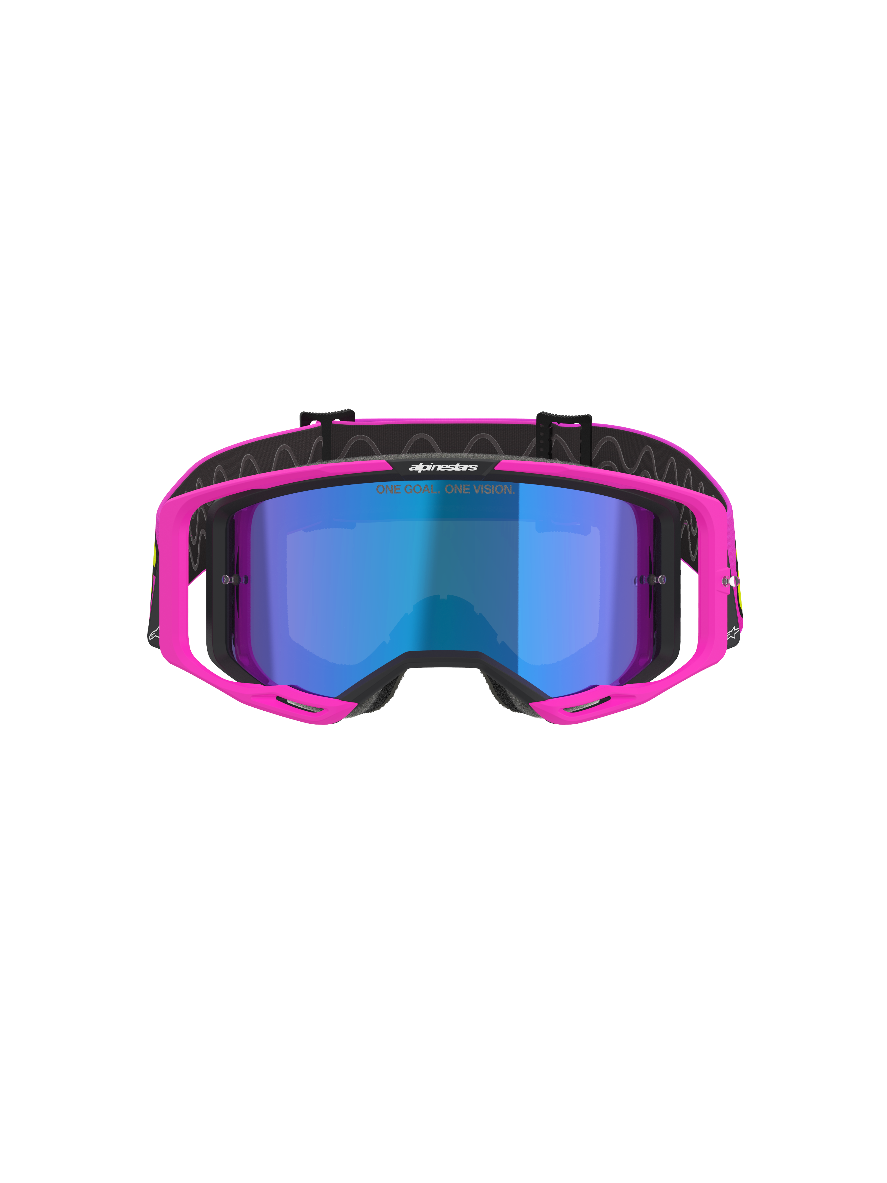 Óculos Alpinestars Vision 8 Vista, óculos de motocross, rosa fluo e amarelo fluo com lente espelhada azul, armação rosa vibrante, lente azul espelhada, correia preta com a inscrição 'ONE GOAL. ONE VISION.', óculos de proteção profissional para corridas off-road