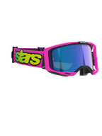 Óculos Alpinestars Vision 8 Vista, óculos de motocross, rosa fluo e amarelo fluo com lente azul espelhada, armação e correia rosa vibrante com logótipo amarelo arrojado, proteção ocular profissional para off-road